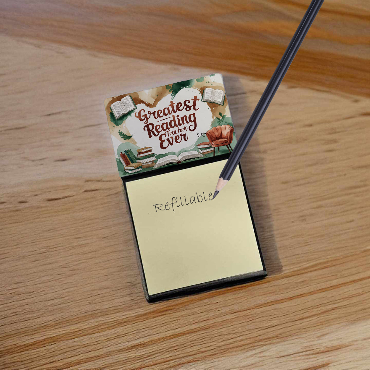 Greatest Reading Teacher Ever Funny Sticky Note Holder for Teacher's Gift Refillable with 3x3 Notes