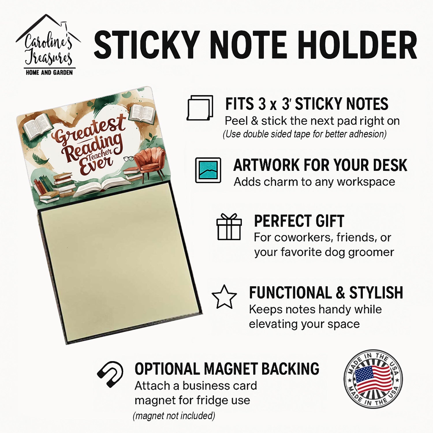 Greatest Reading Teacher Ever Funny Sticky Note Holder for Teacher's Gift Refillable with 3x3 Notes