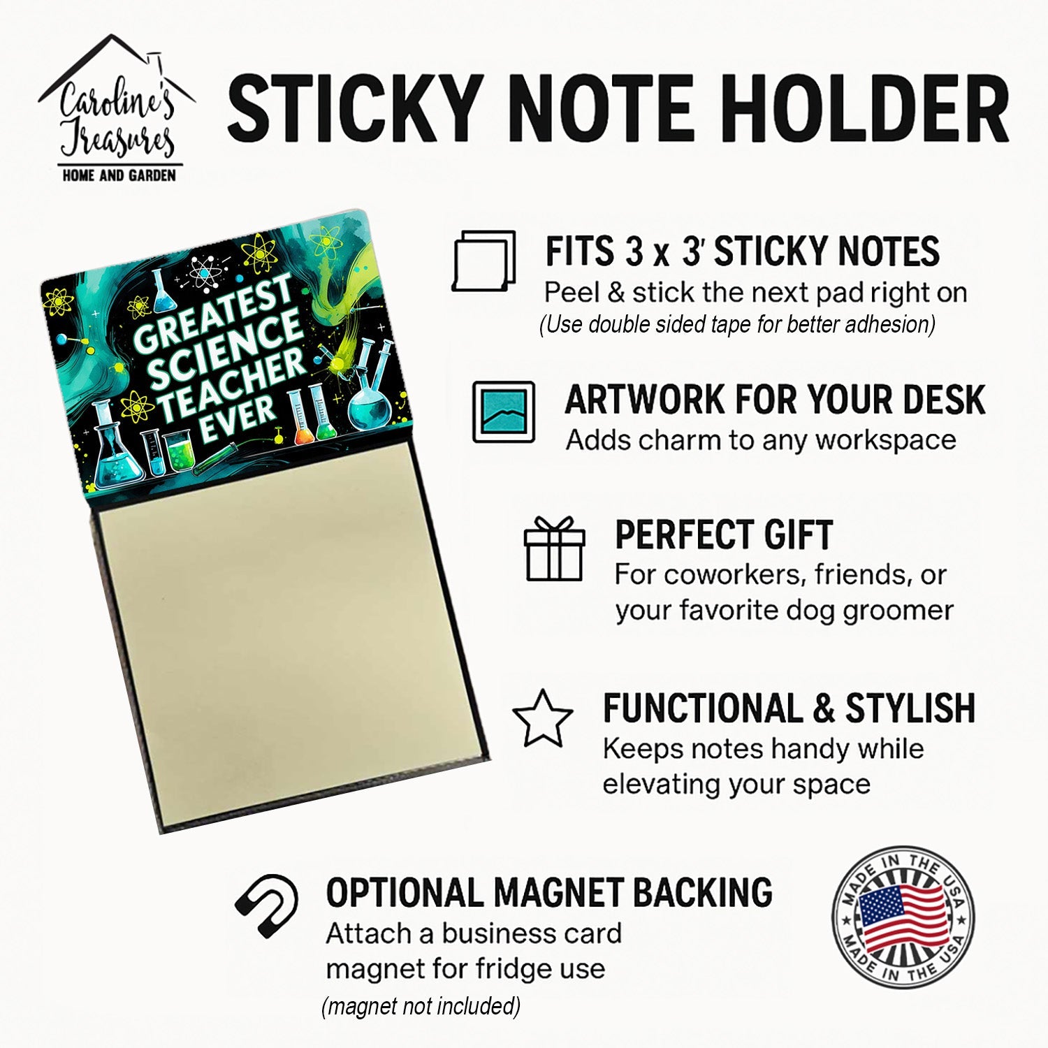 Greatest Science Teacher Ever Funny Sticky Note Holder for Teacher's Gift Refillable with 3x3 Notes