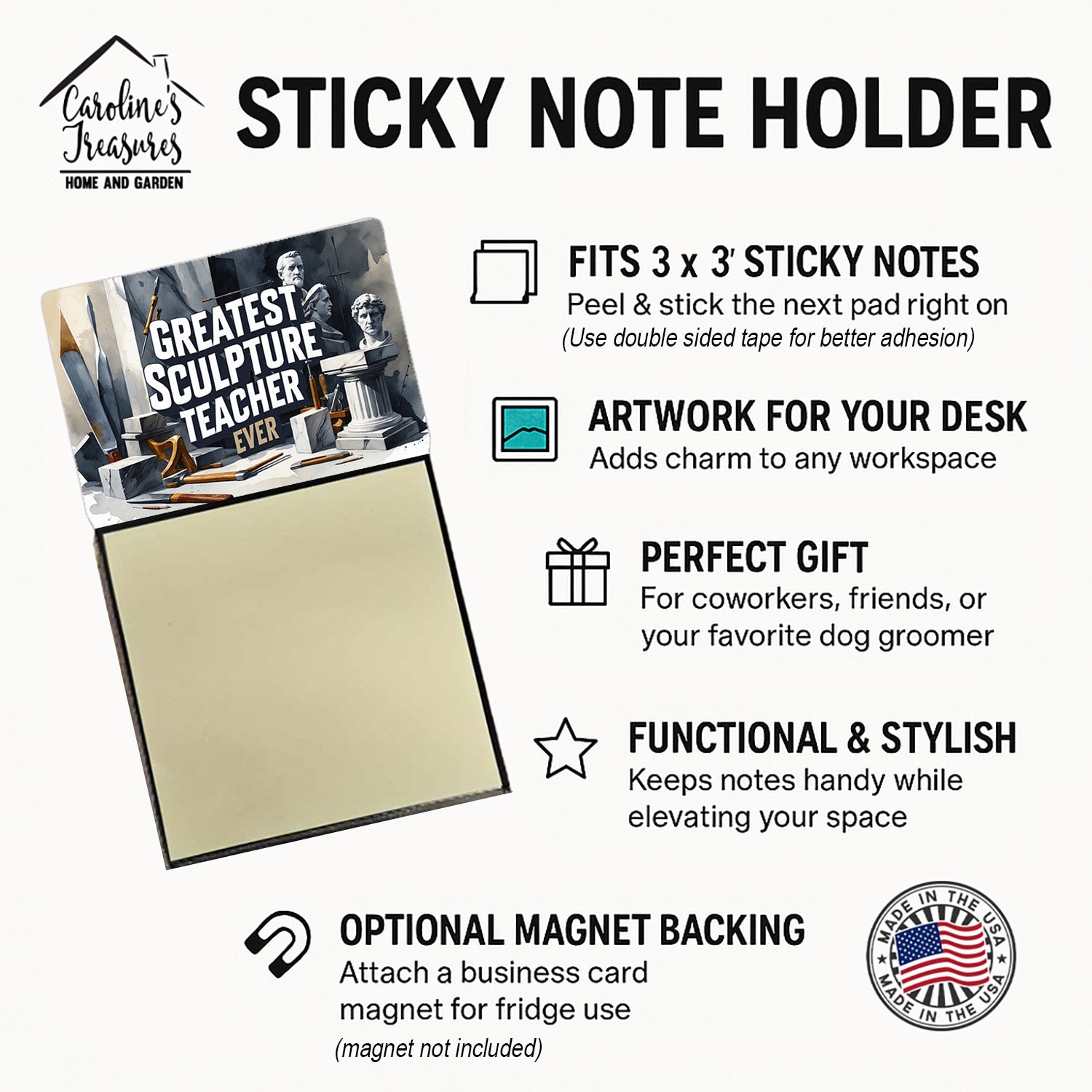 Greatest Sculpture Teacher Ever Funny Sticky Note Holder for Teacher's Gift Refillable with 3x3 Notes
