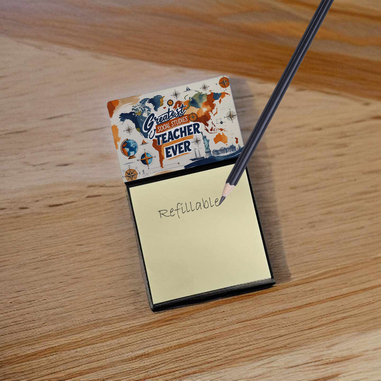 Greatest Social Studies Teacher Ever Funny Sticky Note Holder for Teacher's Gift Refillable with 3x3 Notes