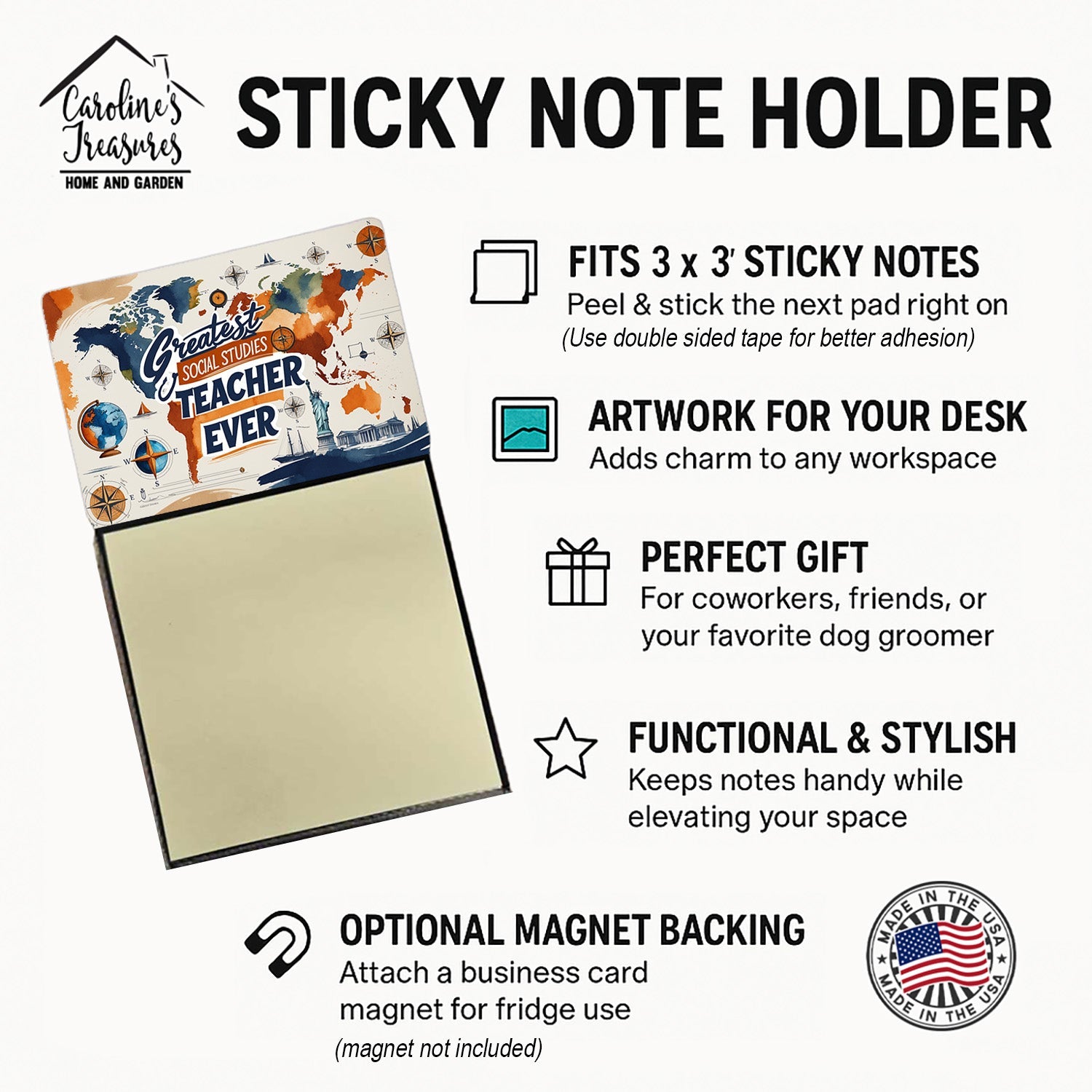 Greatest Social Studies Teacher Ever Funny Sticky Note Holder for Teacher's Gift Refillable with 3x3 Notes