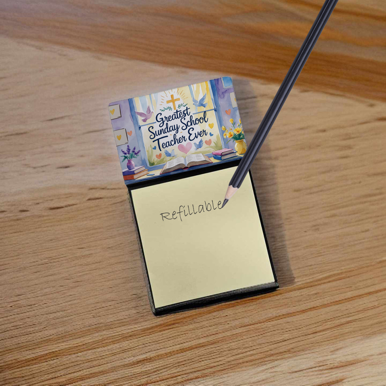 Greatest Sunday School Teacher Ever Funny Sticky Note Holder for Teacher's Gift Refillable with 3x3 Notes