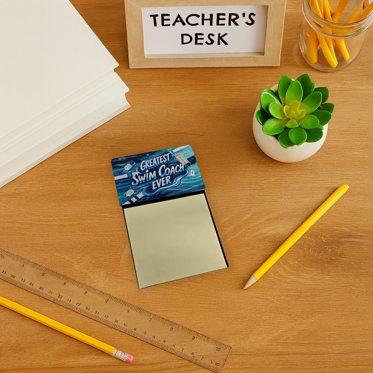 Greatest Swim Coach Ever Funny Sticky Note Holder for Teacher's Gift Refillable with 3x3 Notes