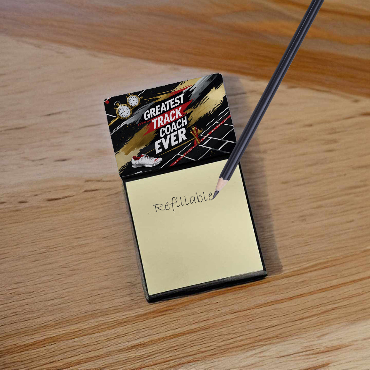 Greatest Track Coach Ever Funny Sticky Note Holder for Teacher's Gift Refillable with 3x3 Notes