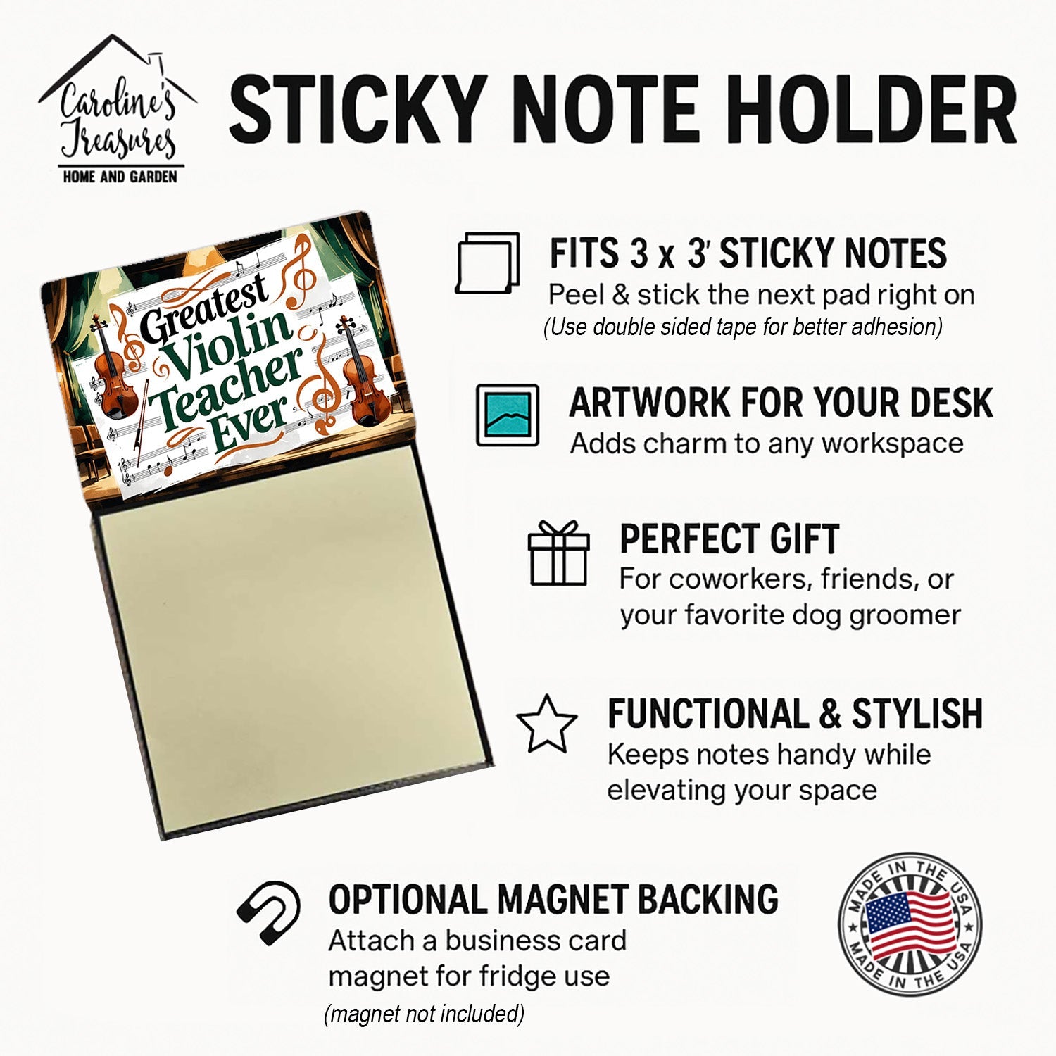 Greatest Violin Teacher Ever Funny Sticky Note Holder for Teacher's Gift Refillable with 3x3 Notes