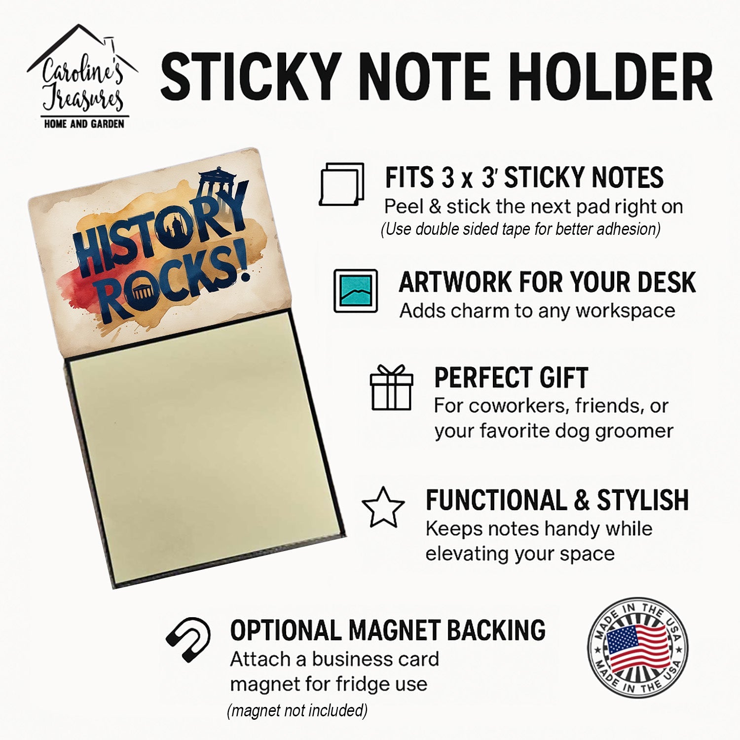 History Rocks Funny Sticky Note Holder for Teacher's Gift Refillable with 3x3 Notes