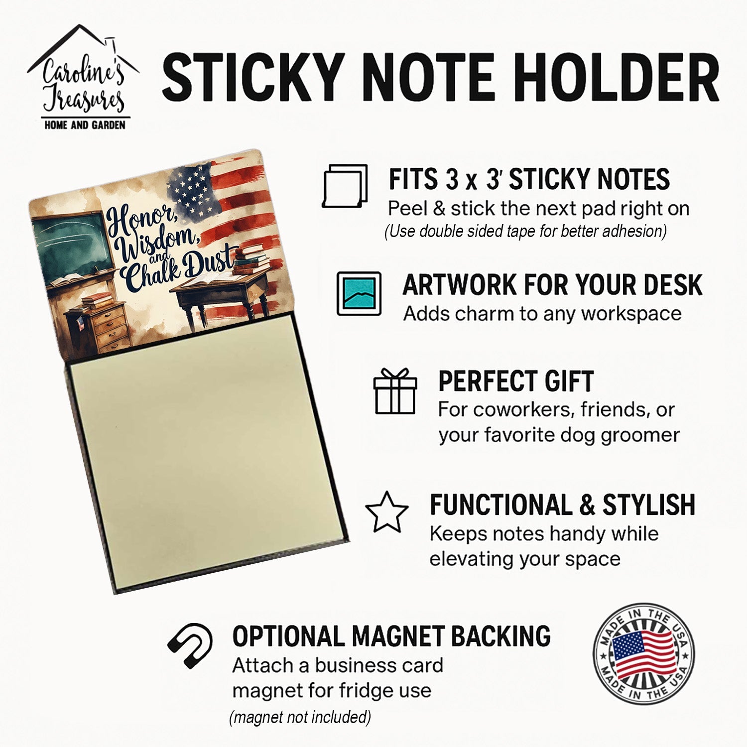 Honor, Wisdom, and Chalk Dust Funny Sticky Note Holder for Teacher's Gift Refillable with 3x3 Notes