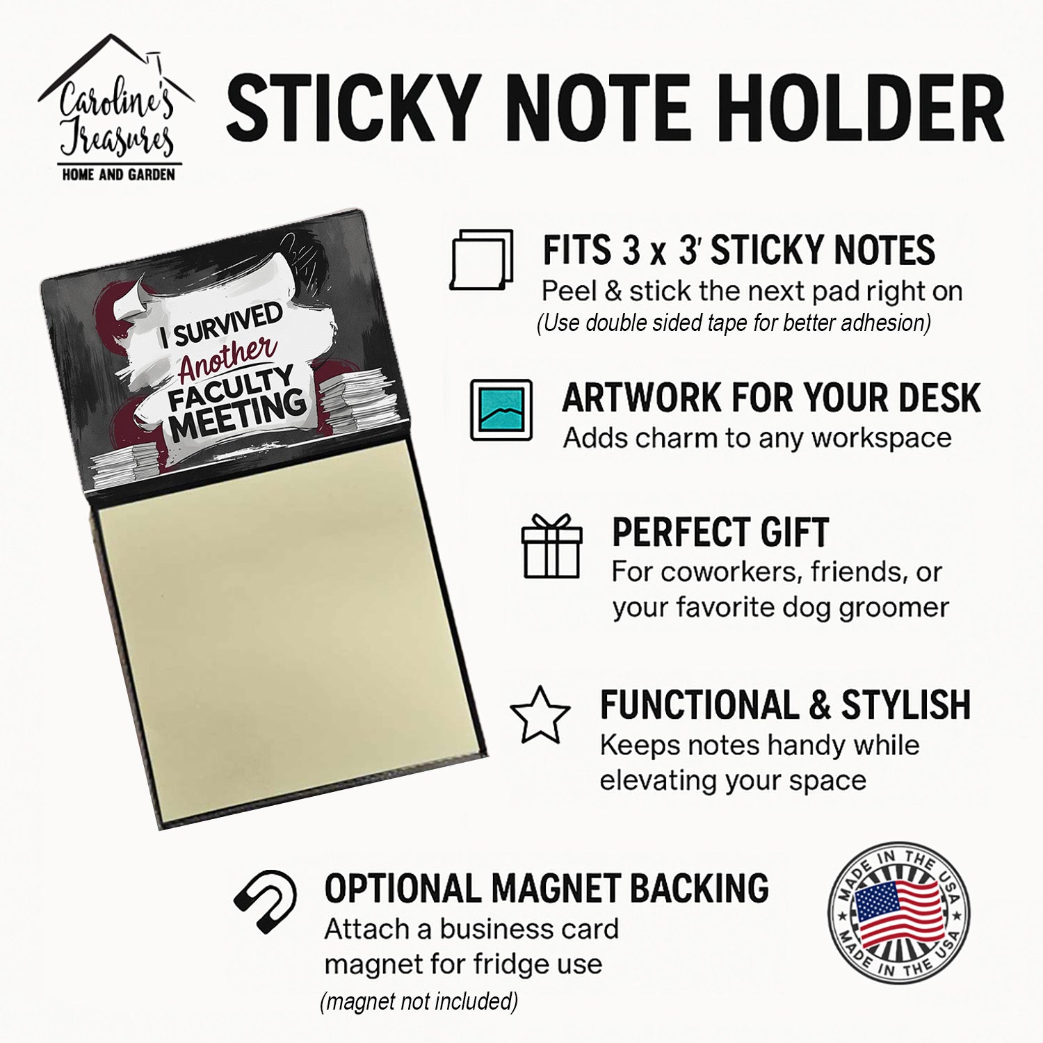 I Survived Another Faculty Meeting Funny Sticky Note Holder for Teacher's Gift Refillable with 3x3 Notes