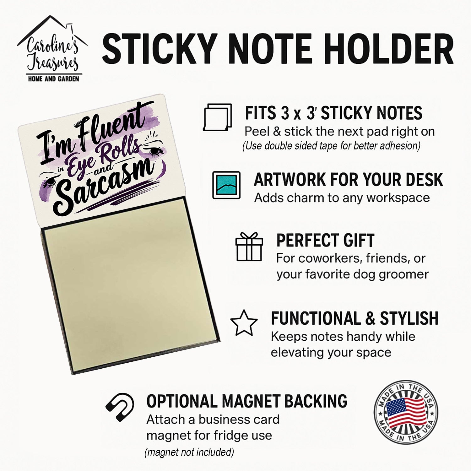 I’m Fluent in Eye Rolls and Sarcasm Funny Sticky Note Holder for Teacher's Gift Refillable with 3x3 Notes