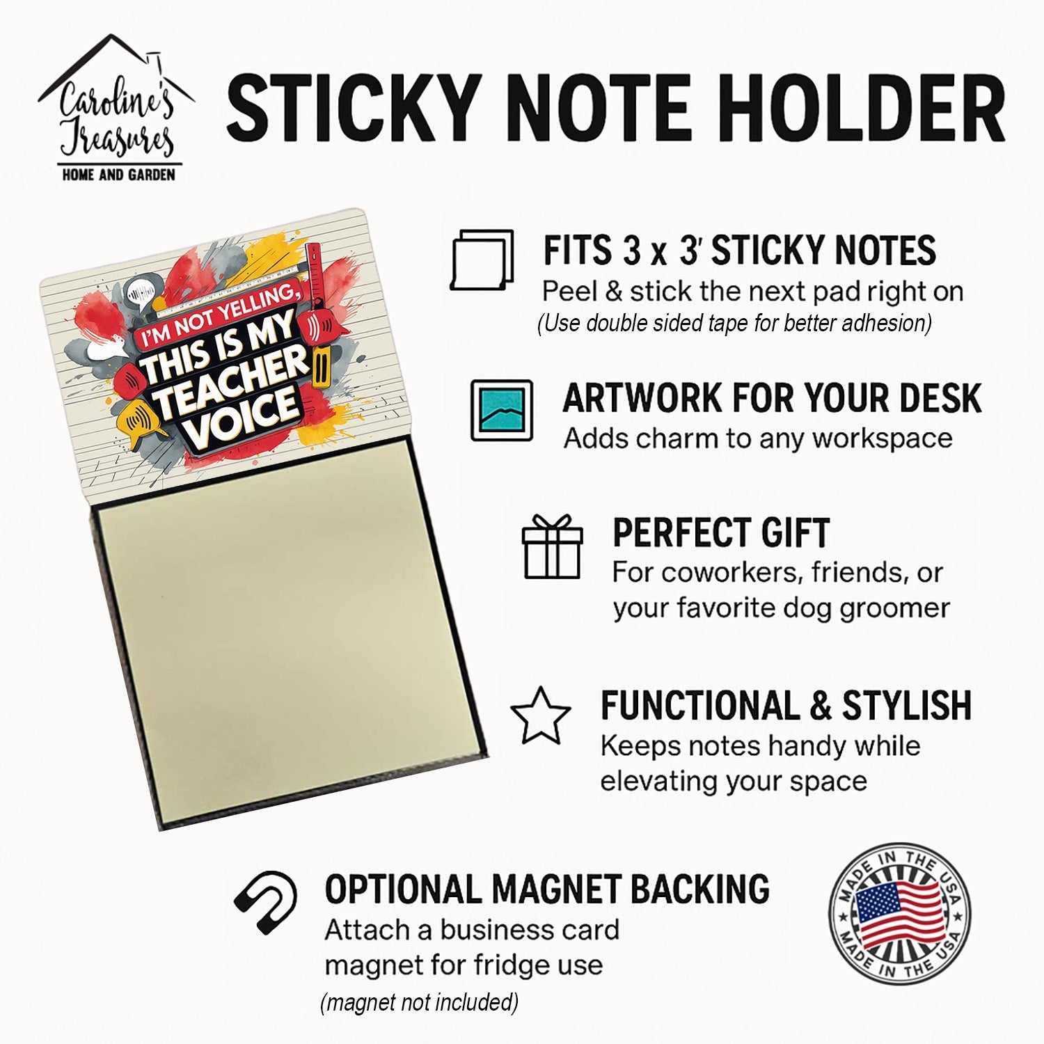 I'm not yelling this is my teacher voice Funny Sticky Note Holder for Teacher's Gift Refillable with 3x3 Notes