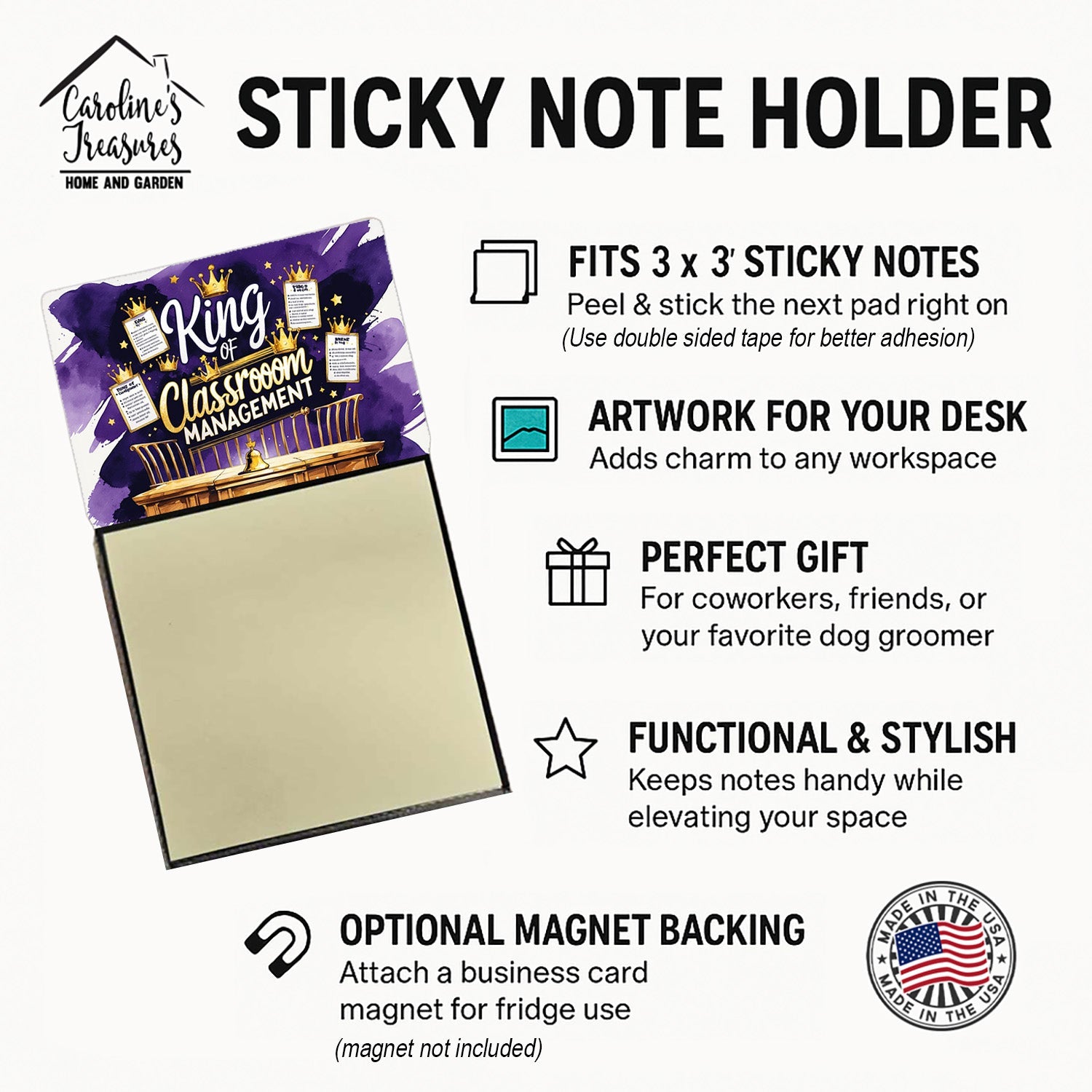 King of Classroom Management Funny Sticky Note Holder for Teacher's Gift Refillable with 3x3 Notes