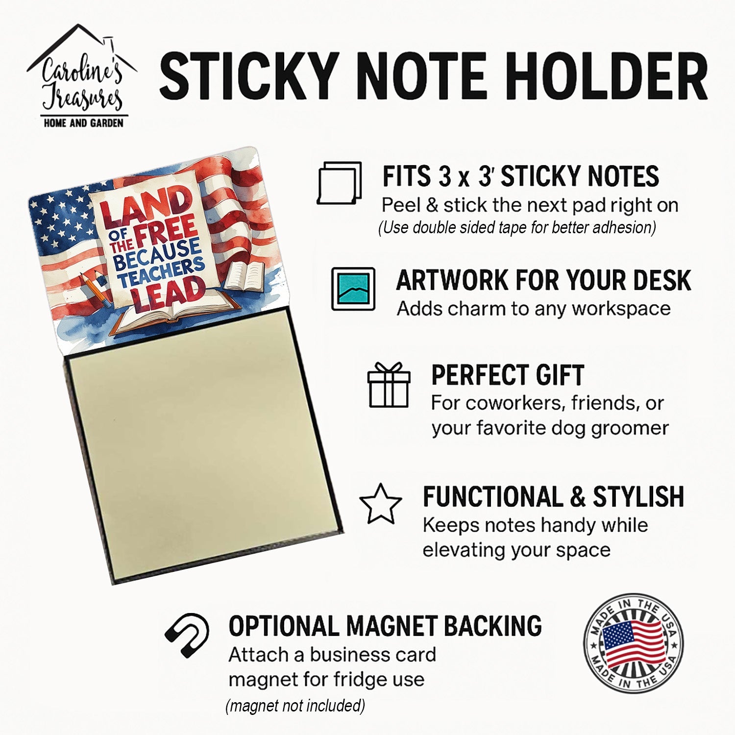 Land of the Free Because Teachers Lead Funny Sticky Note Holder for Teacher's Gift Refillable with 3x3 Notes