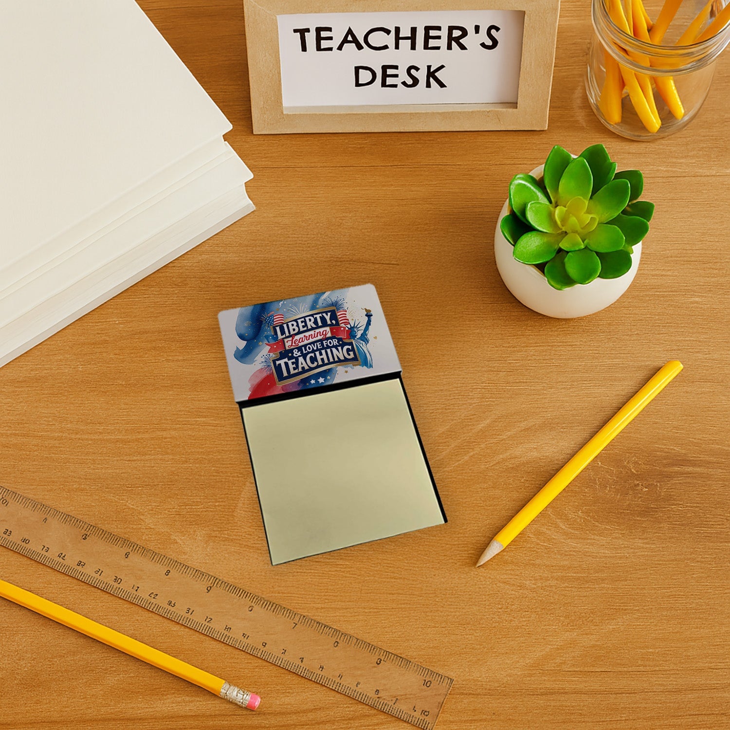 Liberty, Learning & Love for Teaching Funny Sticky Note Holder for Teacher's Gift Refillable with 3x3 Notes
