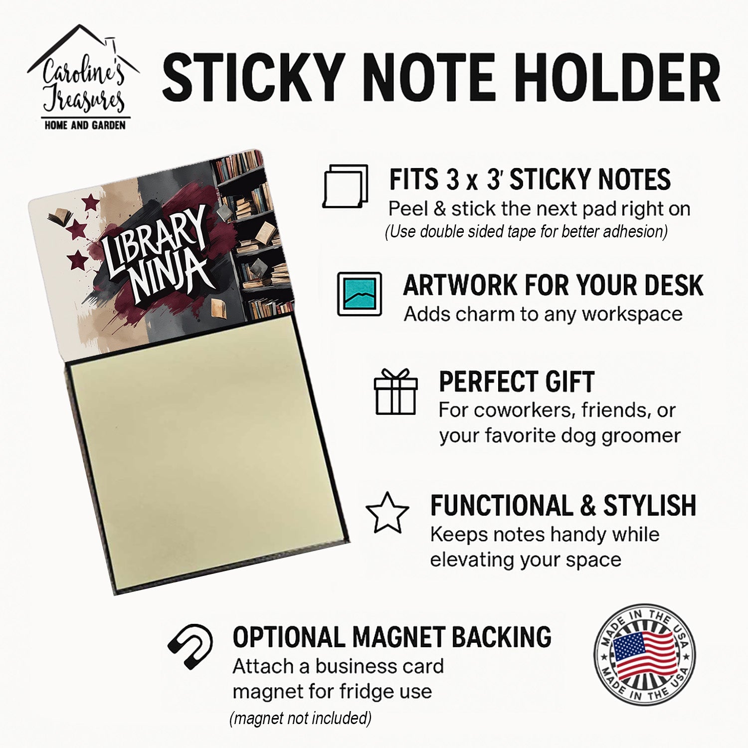 Library Ninja Funny Sticky Note Holder for Teacher's Gift Refillable with 3x3 Notes