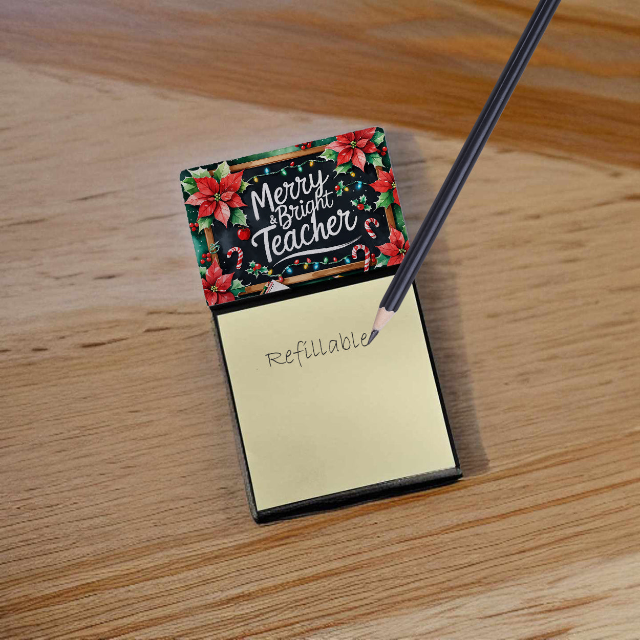 Merry & Bright Teacher Funny Sticky Note Holder for Teacher's Gift Refillable with 3x3 Notes