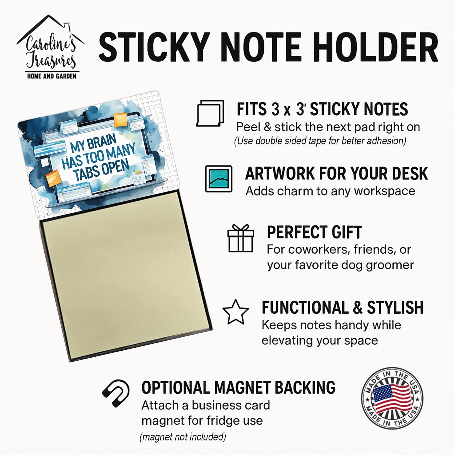 My Brain Has Too Many Tabs Open Funny Sticky Note Holder for Teacher's Gift Refillable with 3x3 Notes