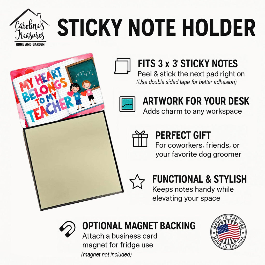My Heart Belongs to My Teacher Funny Sticky Note Holder for Teacher's Gift Refillable with 3x3 Notes