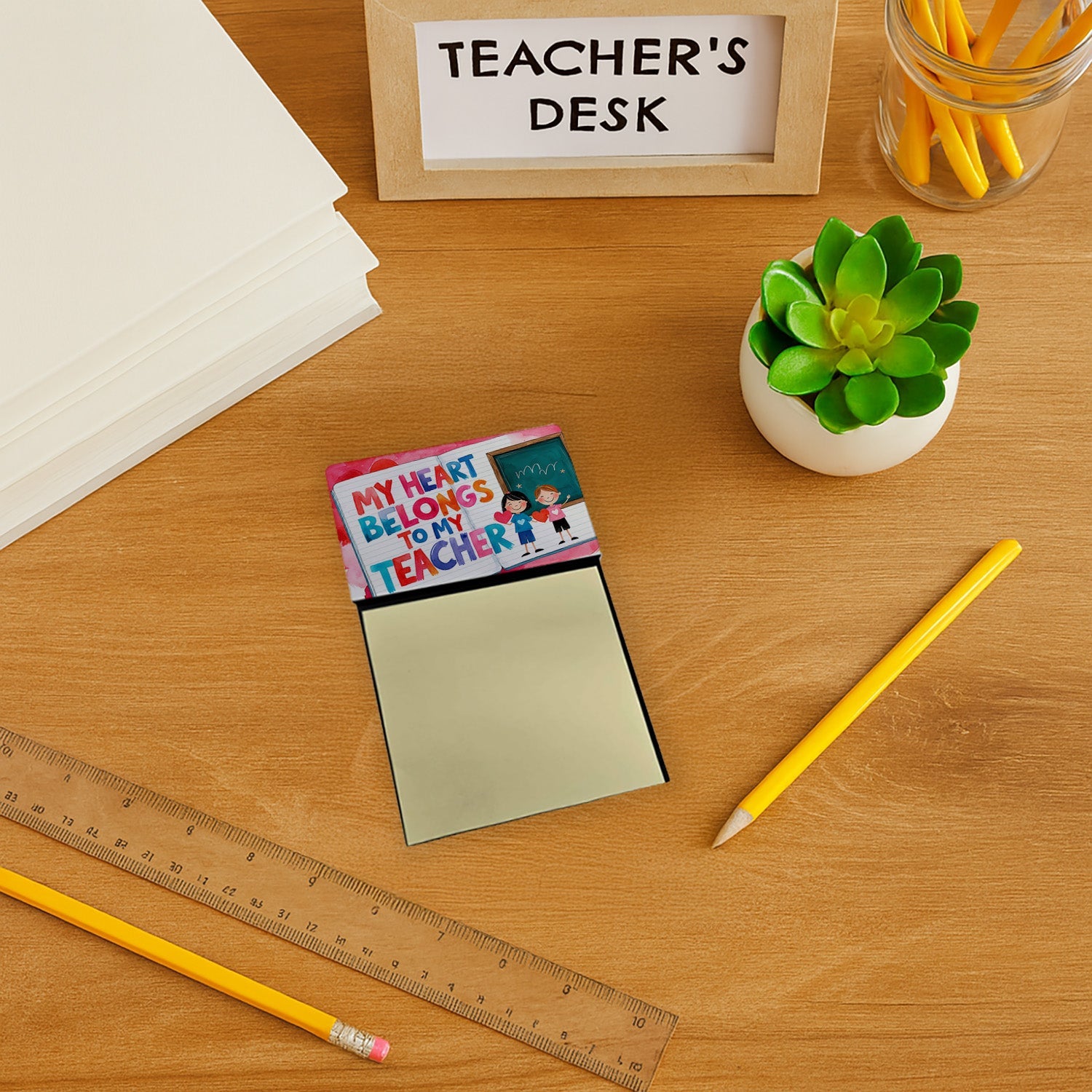 My Heart Belongs to My Teacher Funny Sticky Note Holder for Teacher's Gift Refillable with 3x3 Notes
