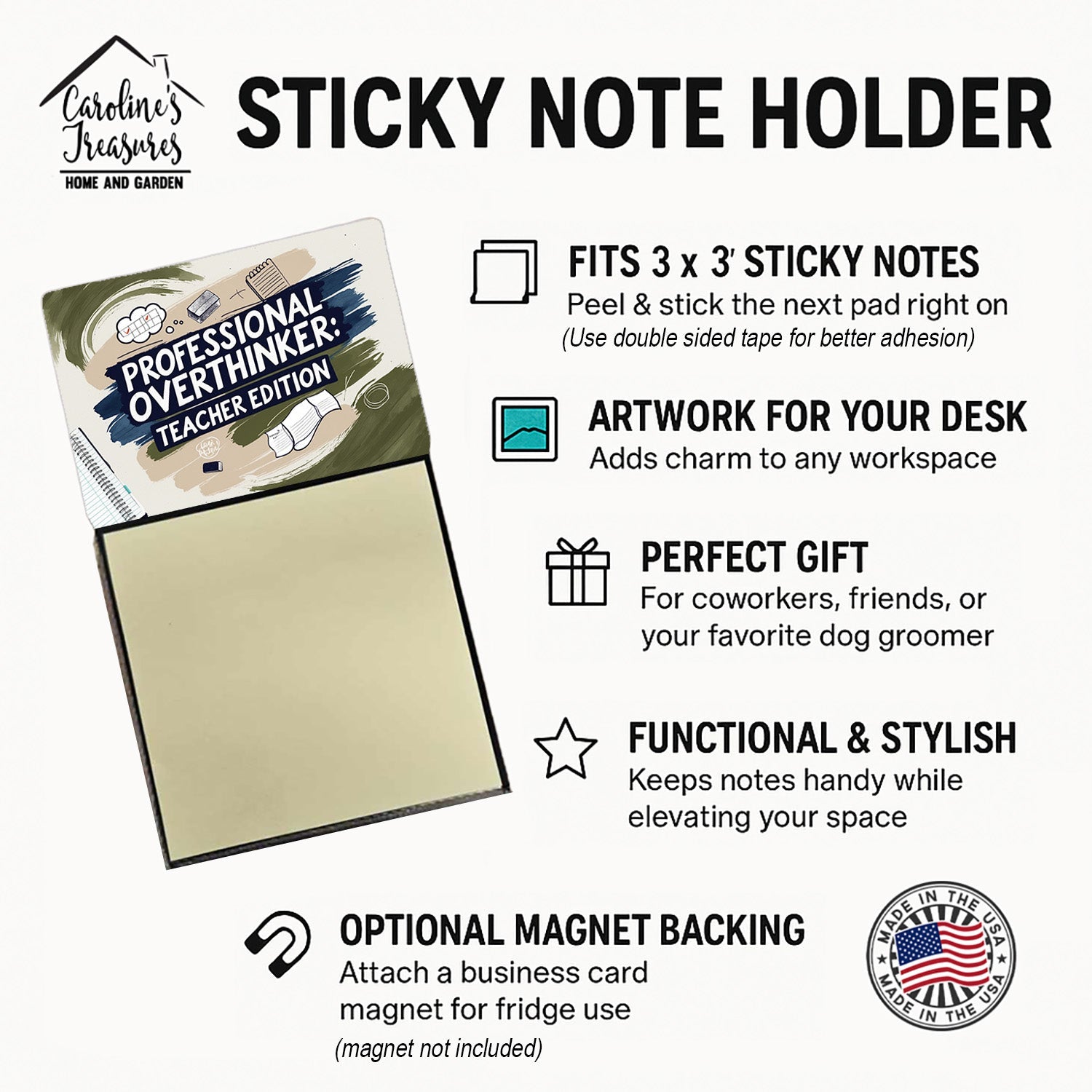 Professional Overthinker Teacher Edition Funny Sticky Note Holder for Teacher's Gift Refillable with 3x3 Notes