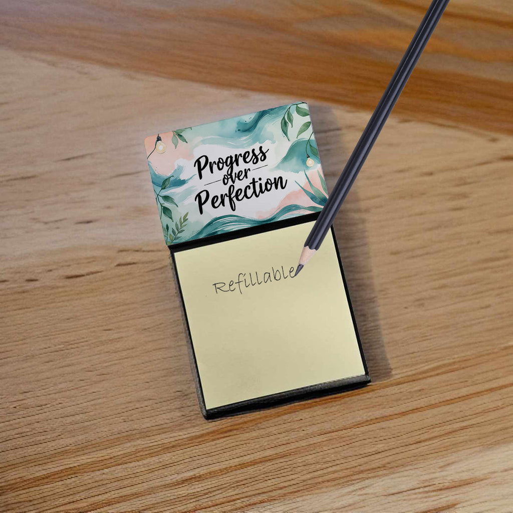 Progress Over Perfection Funny Sticky Note Holder for Teacher's Gift Refillable with 3x3 Notes