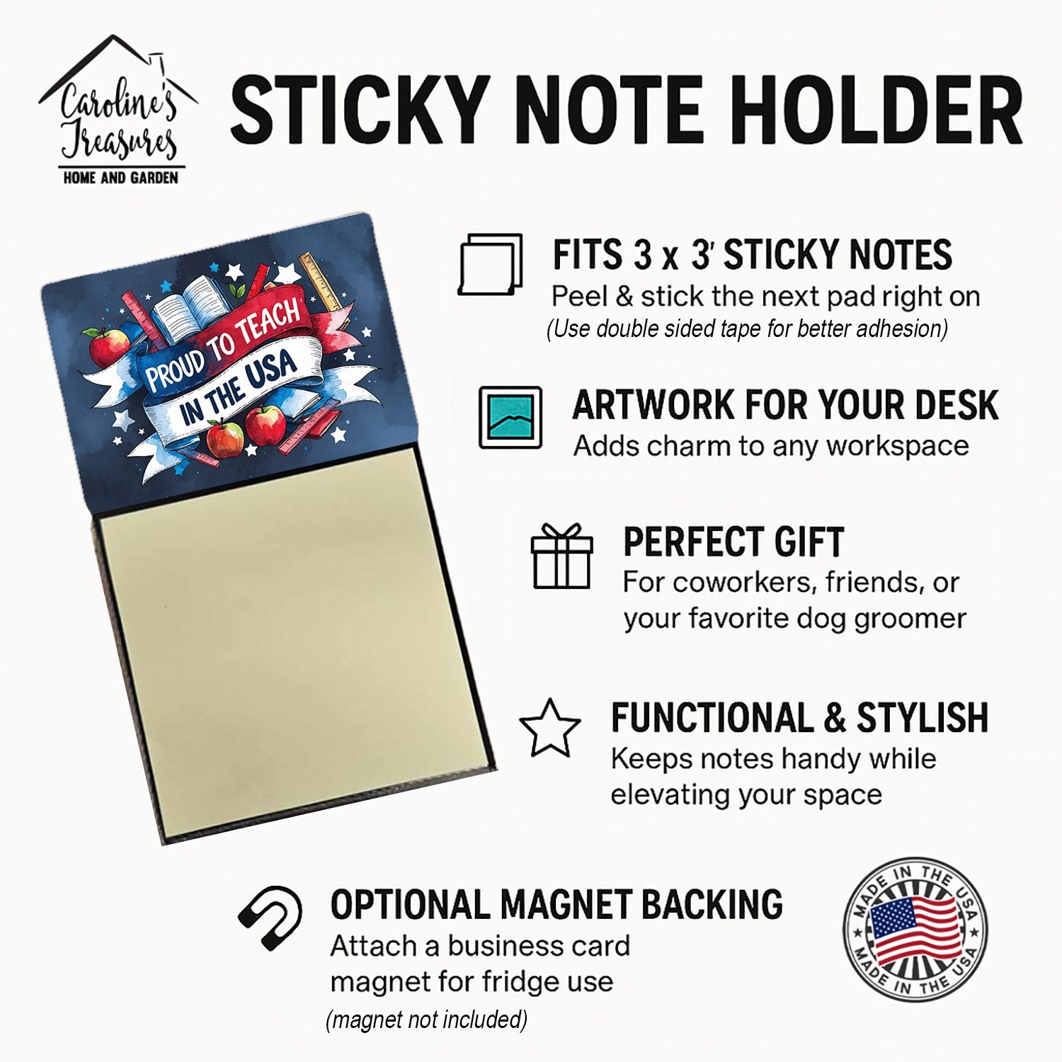 Proud to Teach in the USA Funny Sticky Note Holder for Teacher's Gift Refillable with 3x3 Notes
