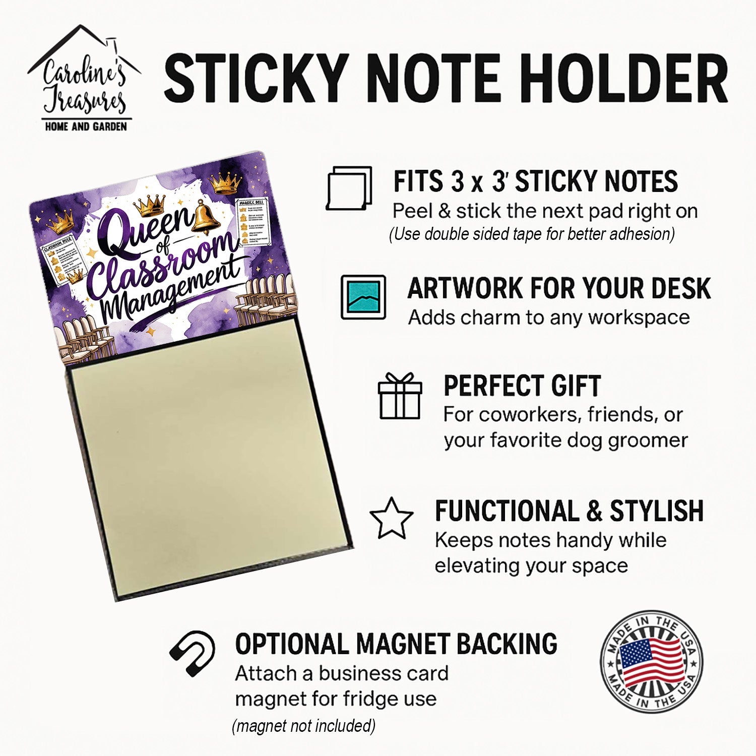 Queen of Classroom Management Funny Sticky Note Holder for Teacher's Gift Refillable with 3x3 Notes