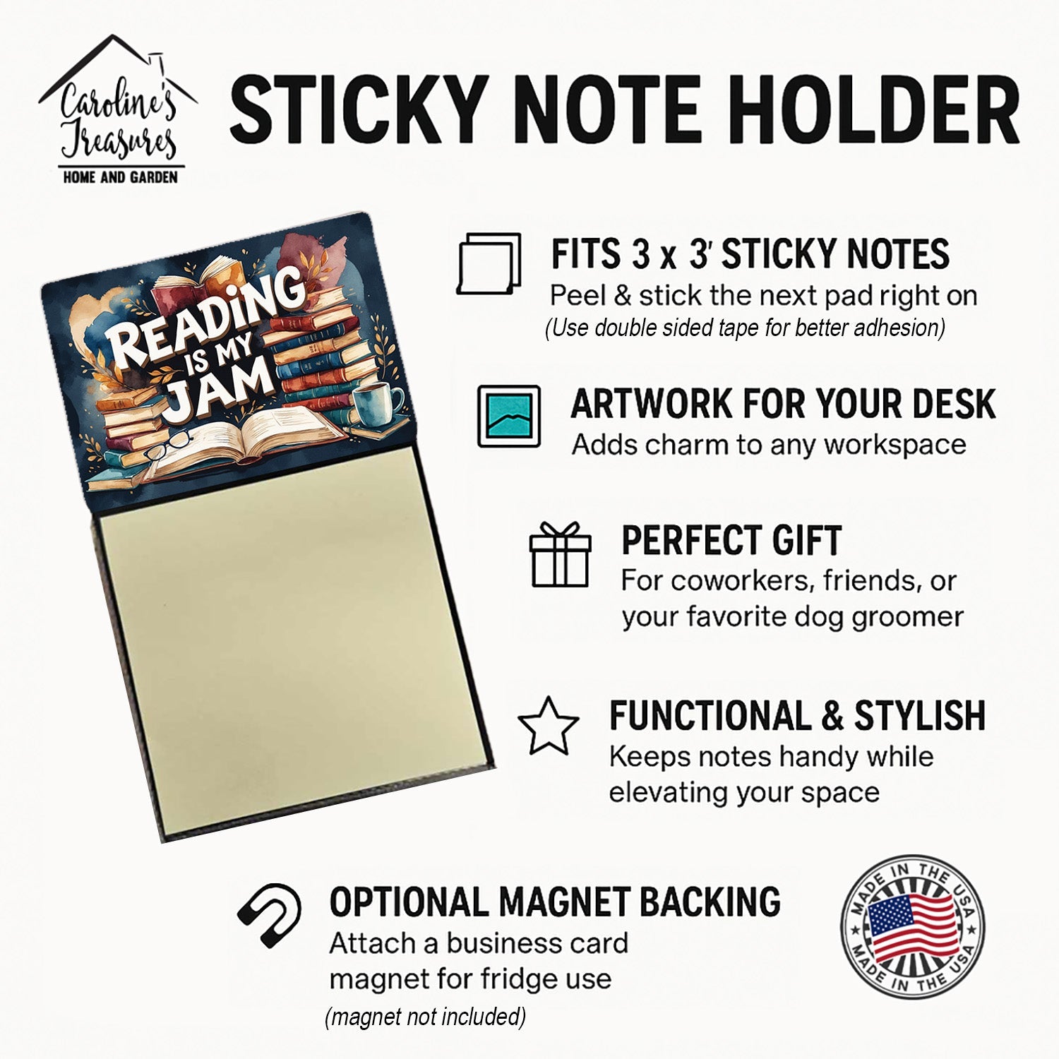 Reading is My Jam Funny Sticky Note Holder for Teacher's Gift Refillable with 3x3 Notes