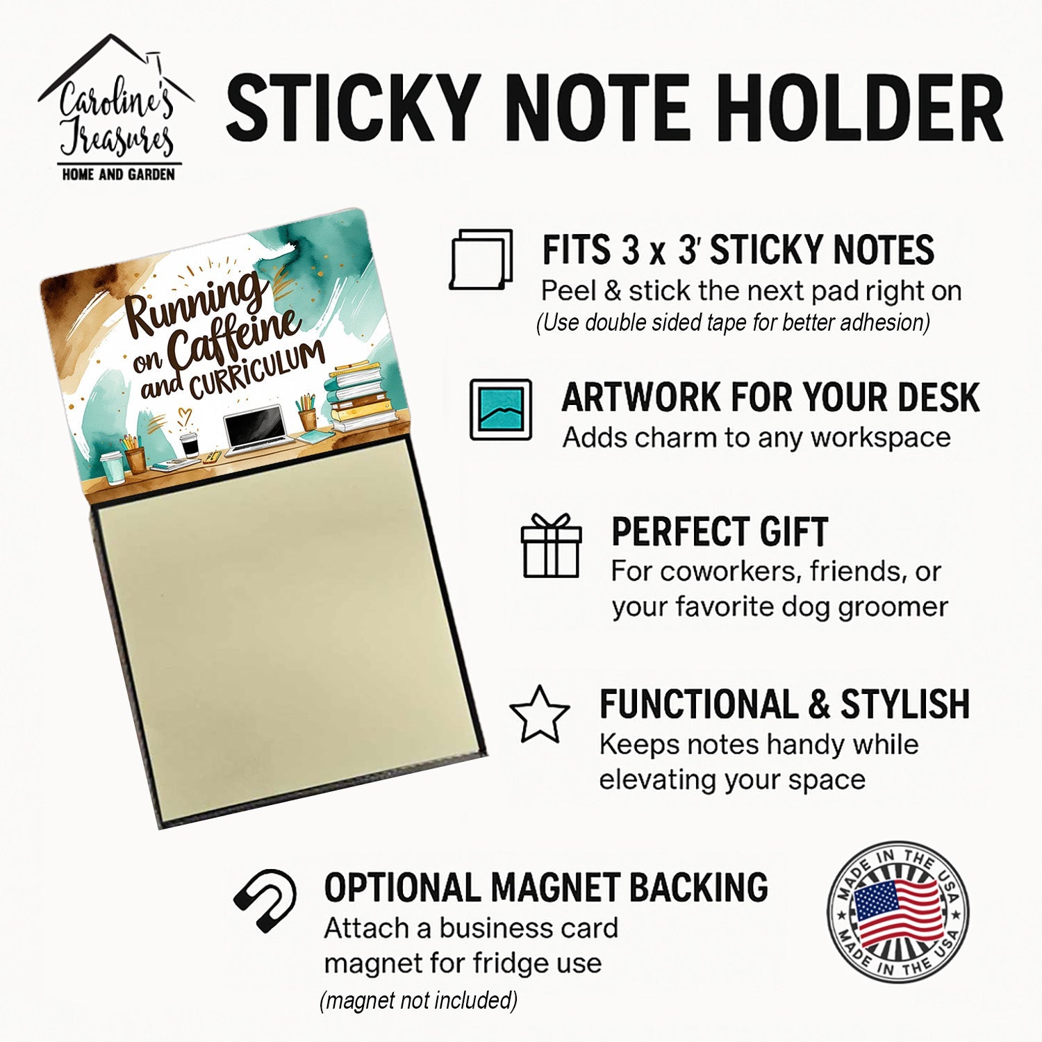 Running on Caffeine and Curriculum Funny Sticky Note Holder for Teacher's Gift Refillable with 3x3 Notes