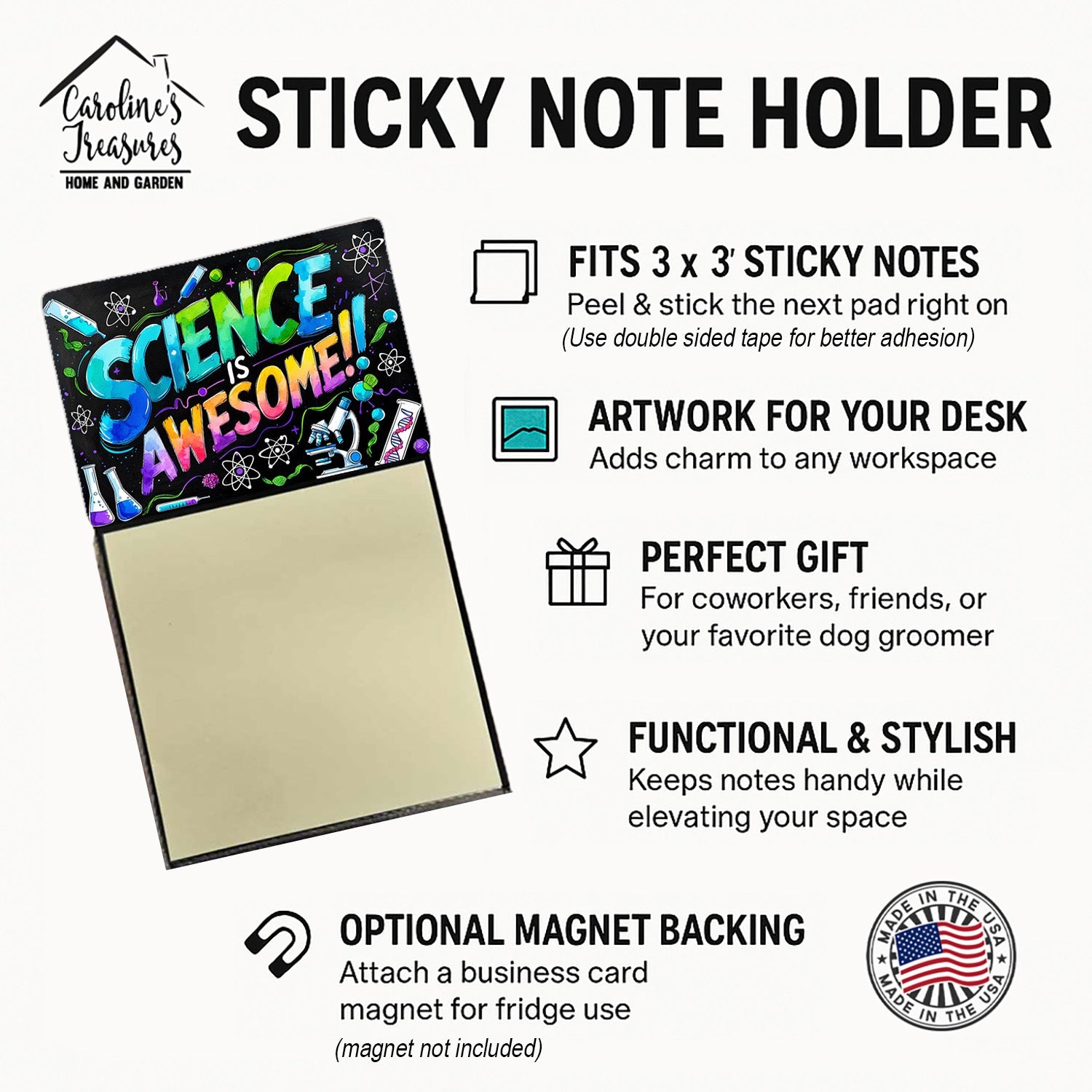Science is Awesome Funny Sticky Note Holder for Teacher's Gift Refillable with 3x3 Notes