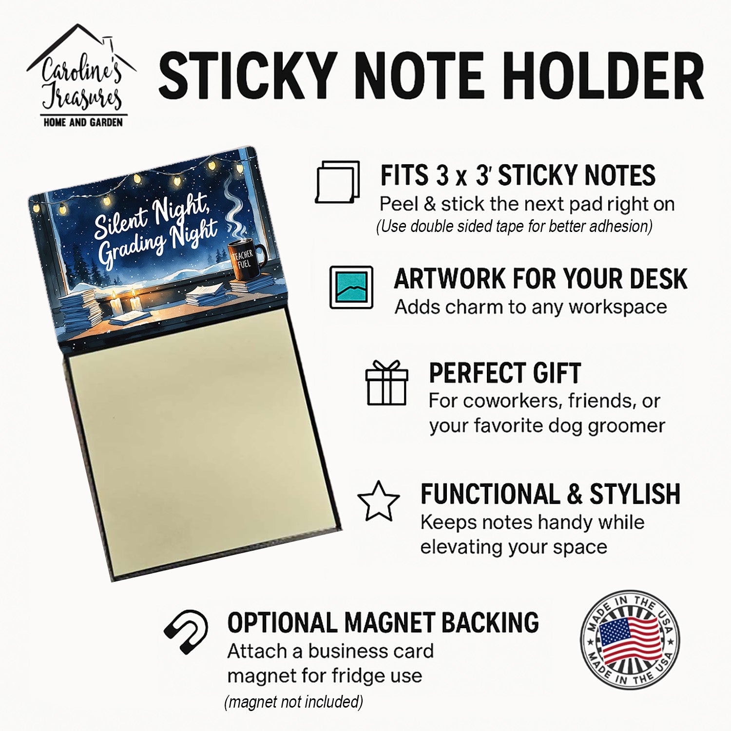 Silent Night, Grading Night Funny Sticky Note Holder for Teacher's Gift Refillable with 3x3 Notes