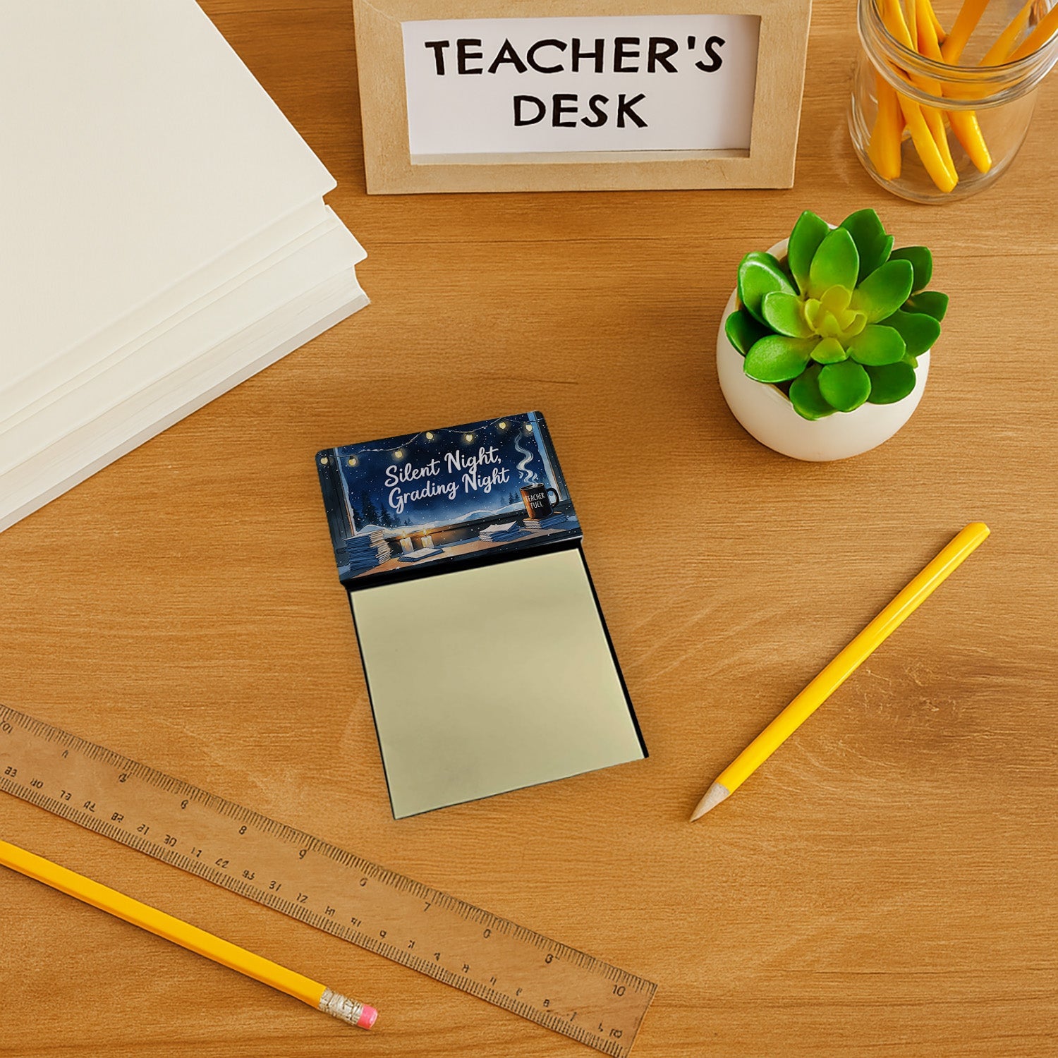Silent Night, Grading Night Funny Sticky Note Holder for Teacher's Gift Refillable with 3x3 Notes