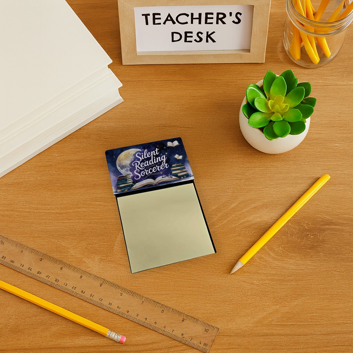 Silent Reading Sorcerer Funny Sticky Note Holder for Teacher's Gift Refillable with 3x3 Notes