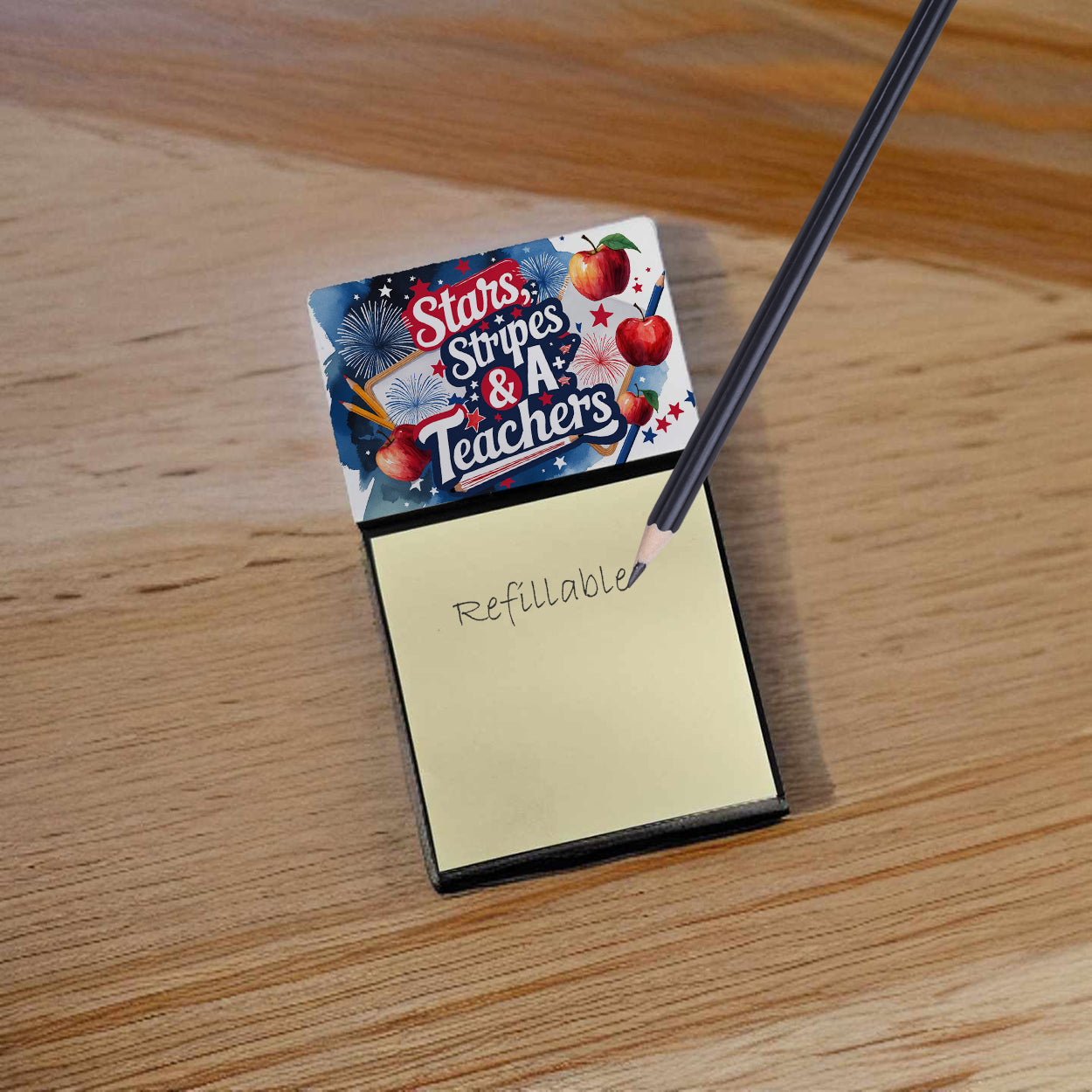 Stars, Stripes & A+ Teachers Funny Sticky Note Holder for Teacher's Gift Refillable with 3x3 Notes