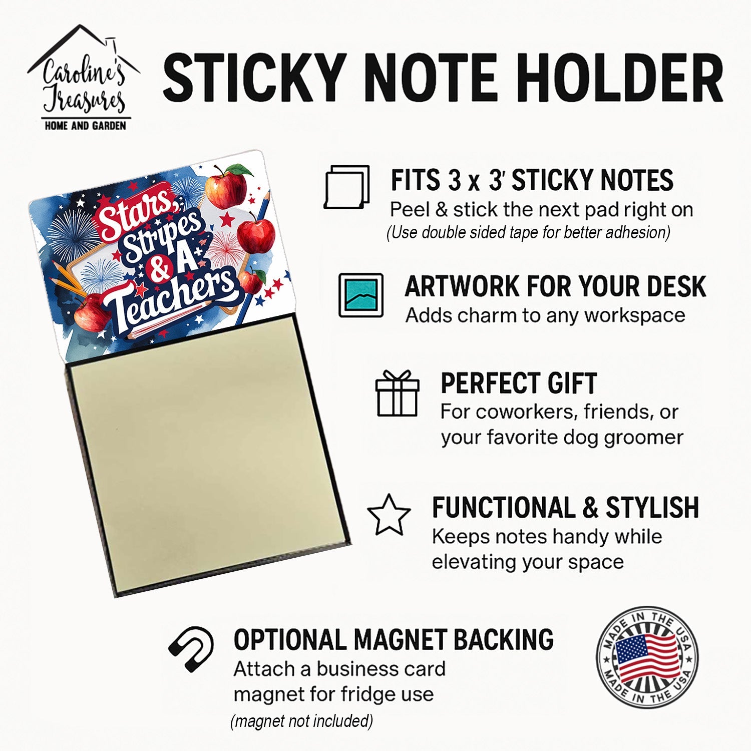 Stars, Stripes & A+ Teachers Funny Sticky Note Holder for Teacher's Gift Refillable with 3x3 Notes