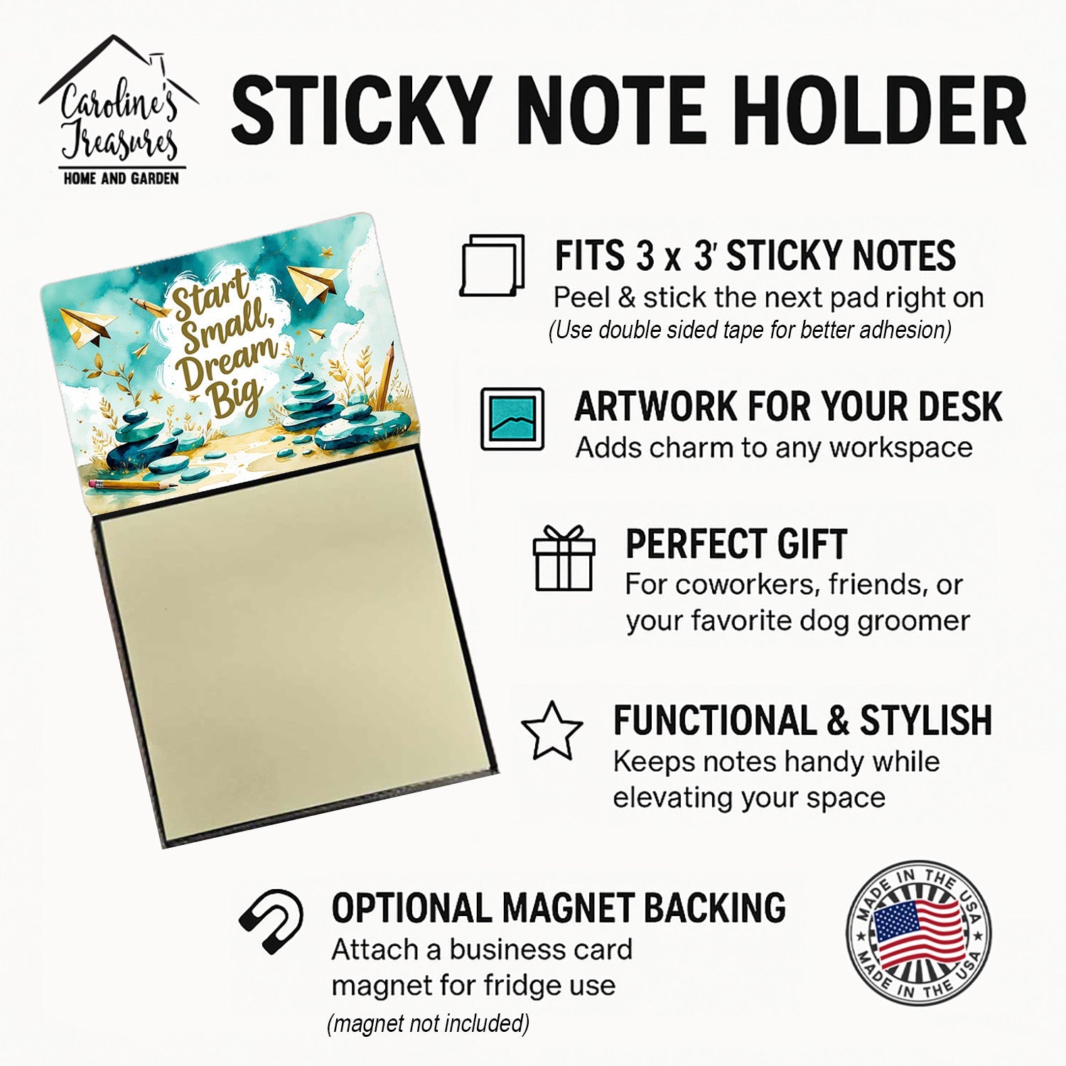 Start Small, Dream Big Funny Sticky Note Holder for Teacher's Gift Refillable with 3x3 Notes