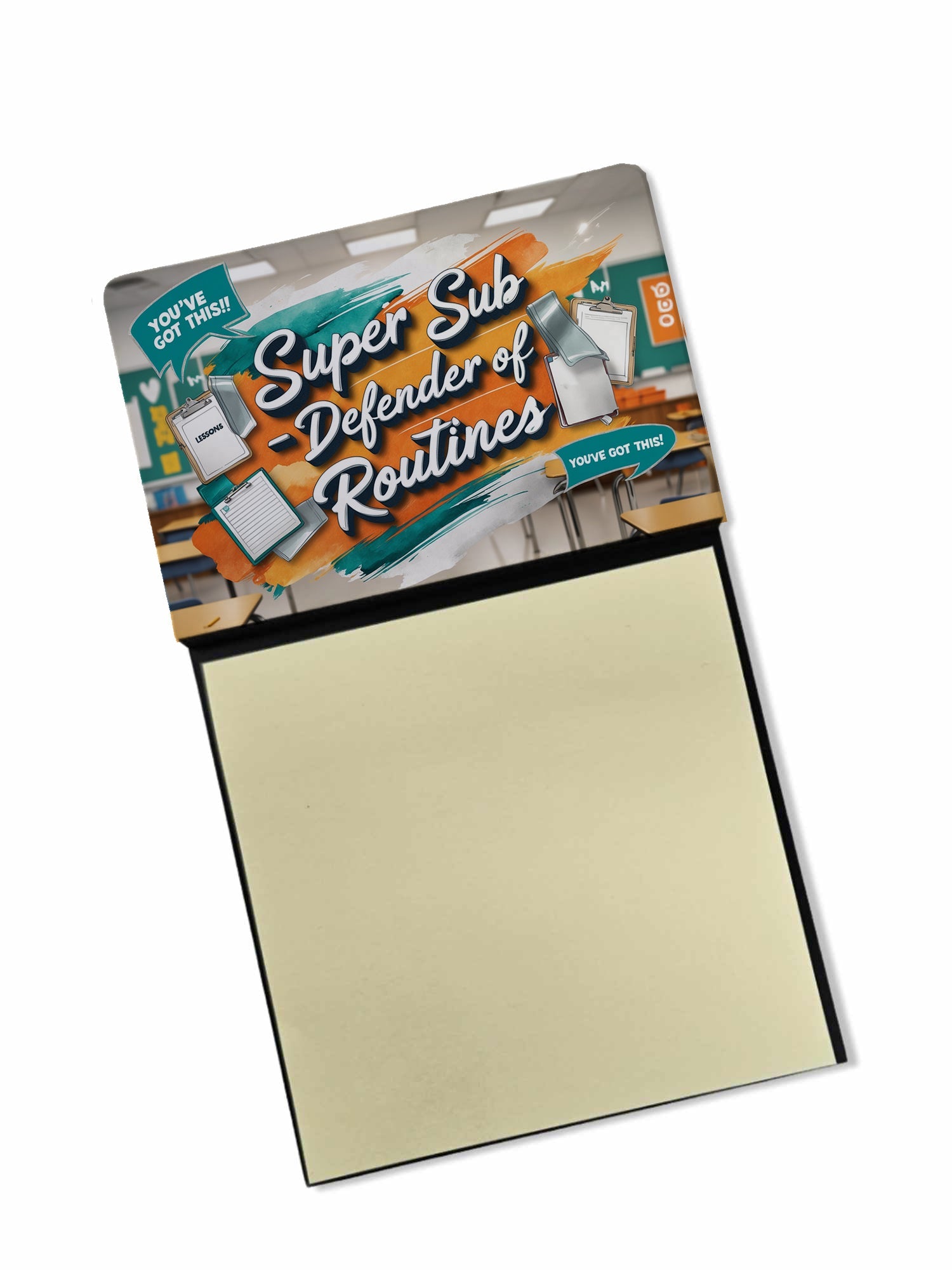 Super Sub – Defender of Routines Funny Sticky Note Holder for Teacher's Gift Refillable with 3x3 Notes