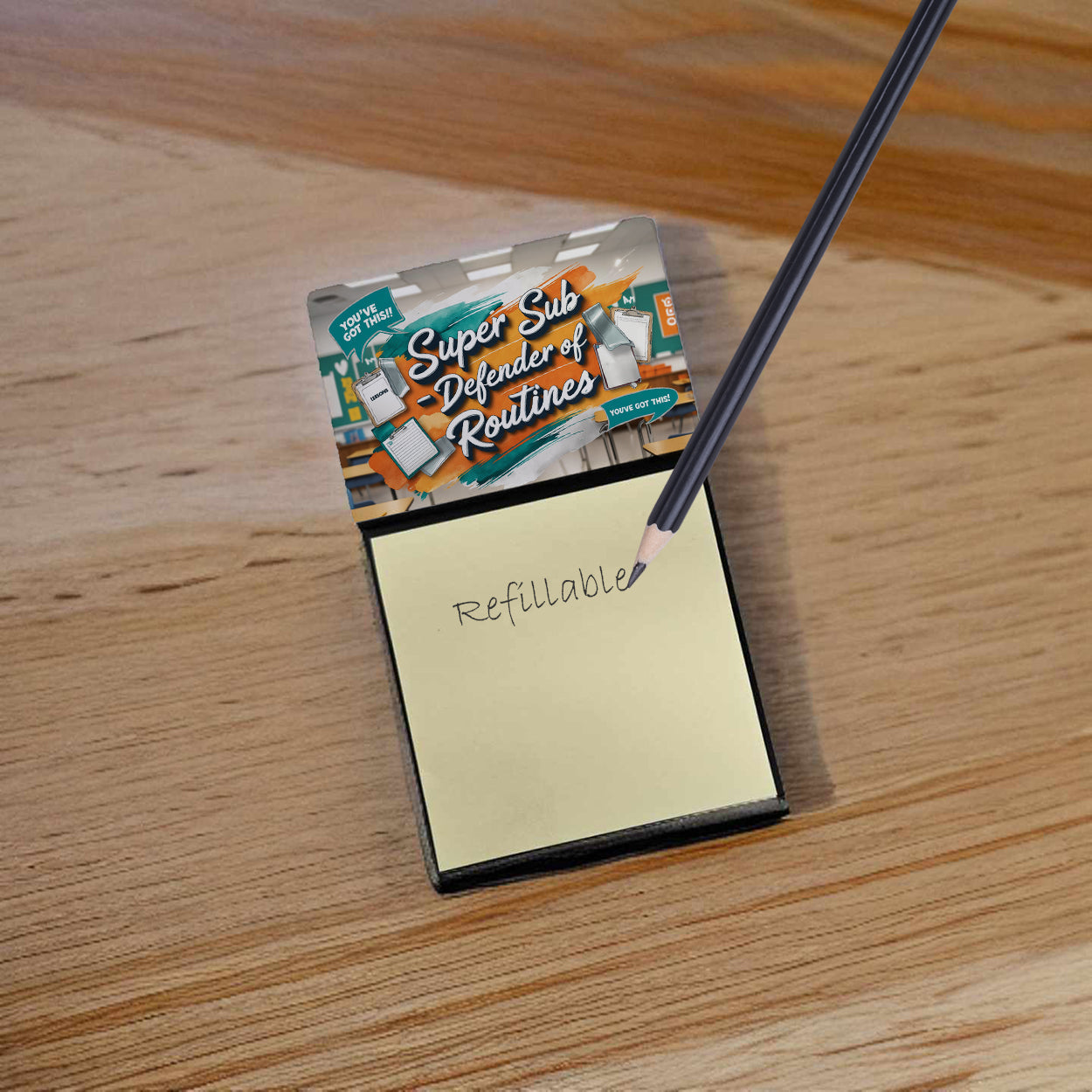 Super Sub – Defender of Routines Funny Sticky Note Holder for Teacher's Gift Refillable with 3x3 Notes