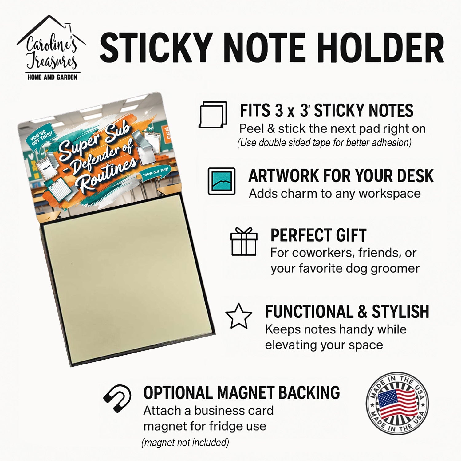 Super Sub – Defender of Routines Funny Sticky Note Holder for Teacher's Gift Refillable with 3x3 Notes