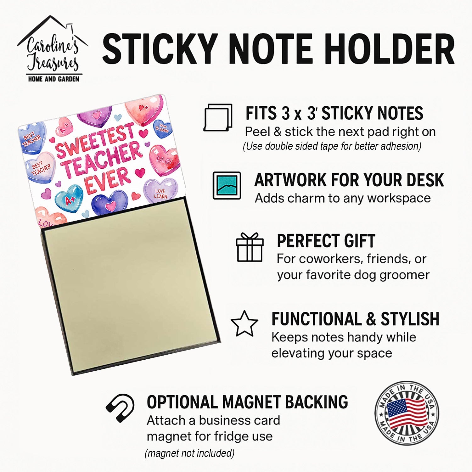 Sweetest Teacher Ever Valentine's Funny Sticky Note Holder for Teacher's Gift Refillable with 3x3 Notes