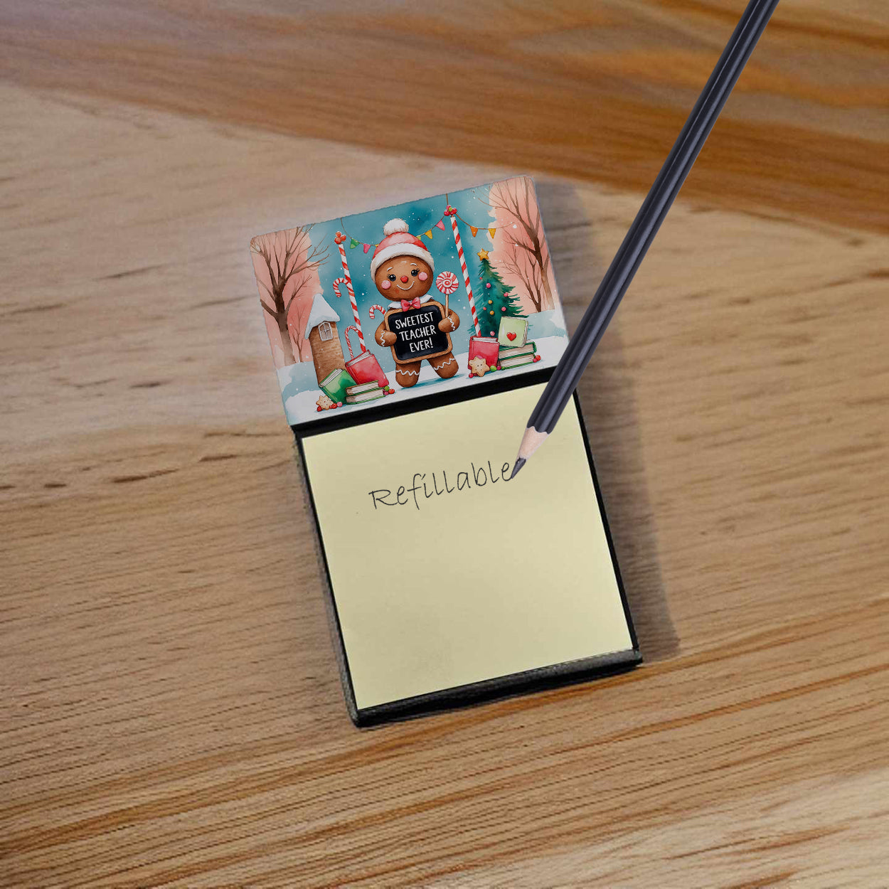 Christmas Sweetest Teacher Ever Funny Sticky Note Holder for Teacher's Gift Refillable with 3x3 Notes
