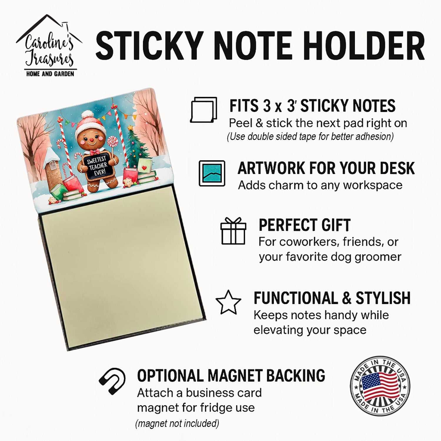 Christmas Sweetest Teacher Ever Funny Sticky Note Holder for Teacher's Gift Refillable with 3x3 Notes