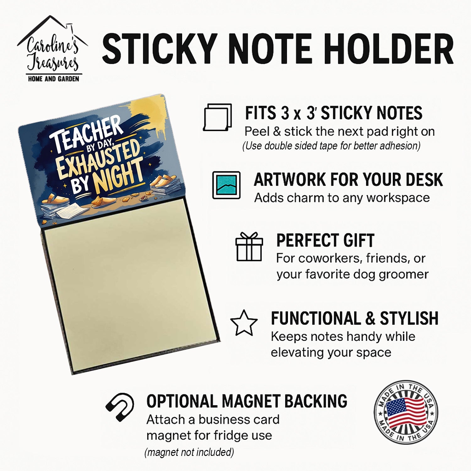 Teacher by Day, Exhausted by Night Funny Sticky Note Holder for Teacher's Gift Refillable with 3x3 Notes