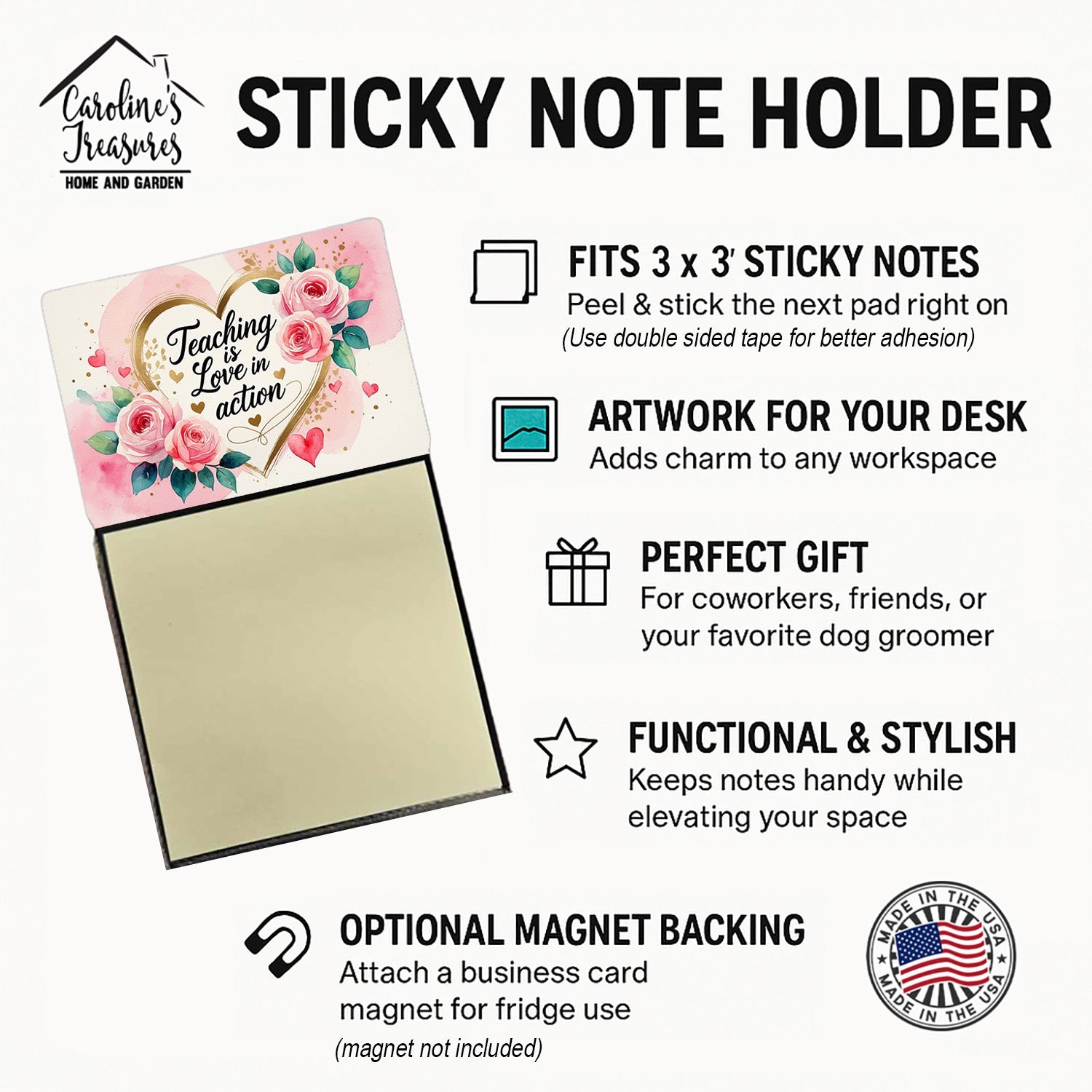 Teaching is Love in Action Funny Sticky Note Holder for Teacher's Gift Refillable with 3x3 Notes