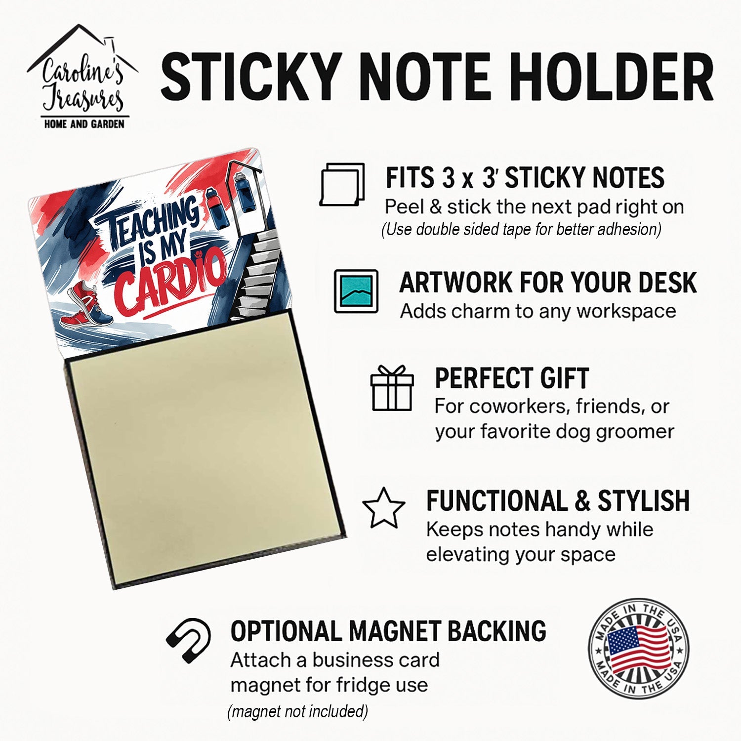 Teaching is My Cardio Funny Sticky Note Holder for Teacher's Gift Refillable with 3x3 Notes