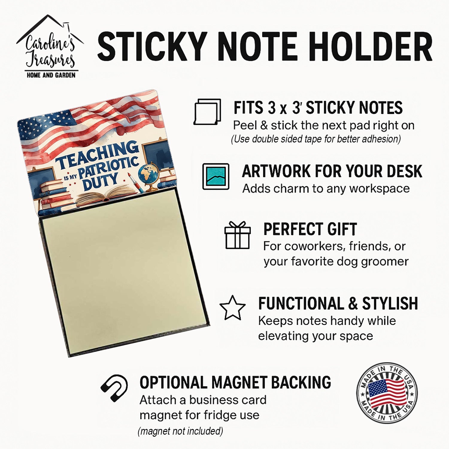 Teaching is My Patriotic Duty Funny Sticky Note Holder for Teacher's Gift Refillable with 3x3 Notes