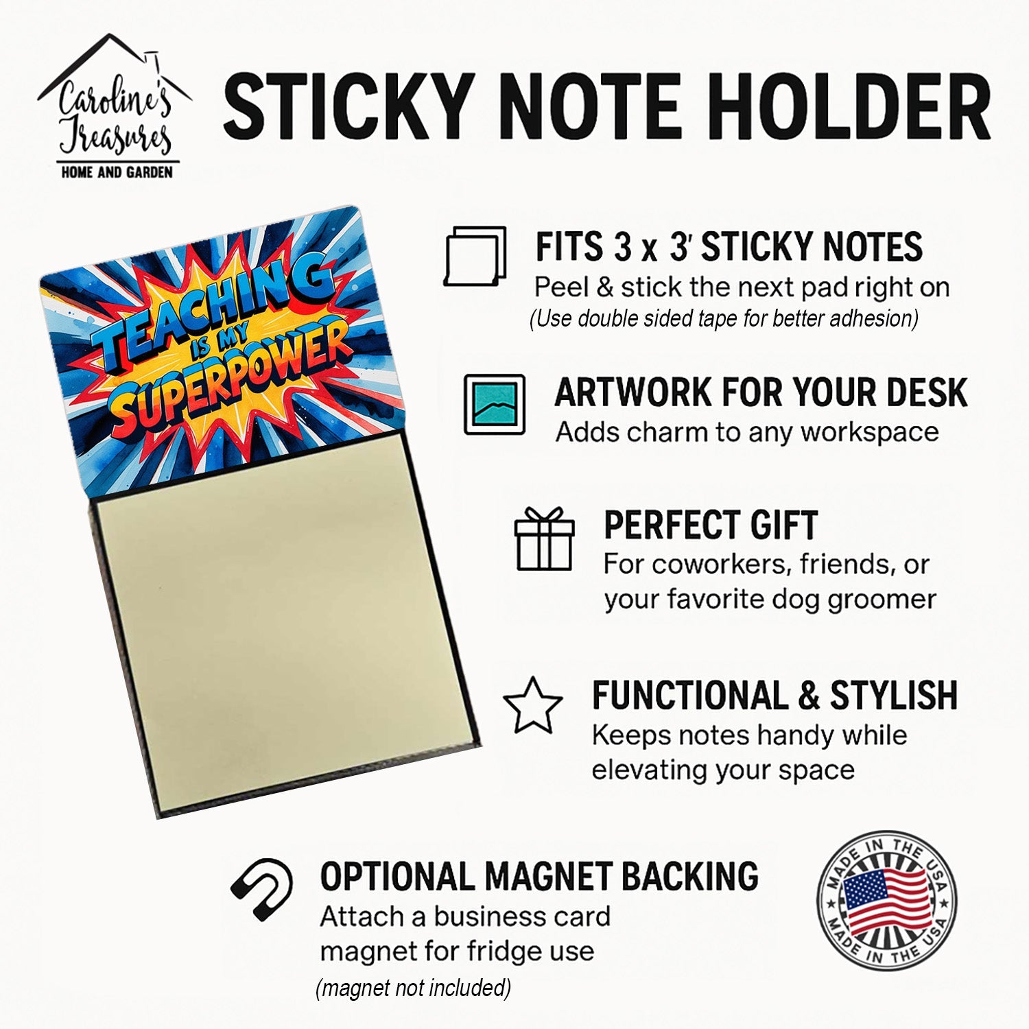 Teaching is My Superpower Funny Sticky Note Holder for Teacher's Gift Refillable with 3x3 Notes