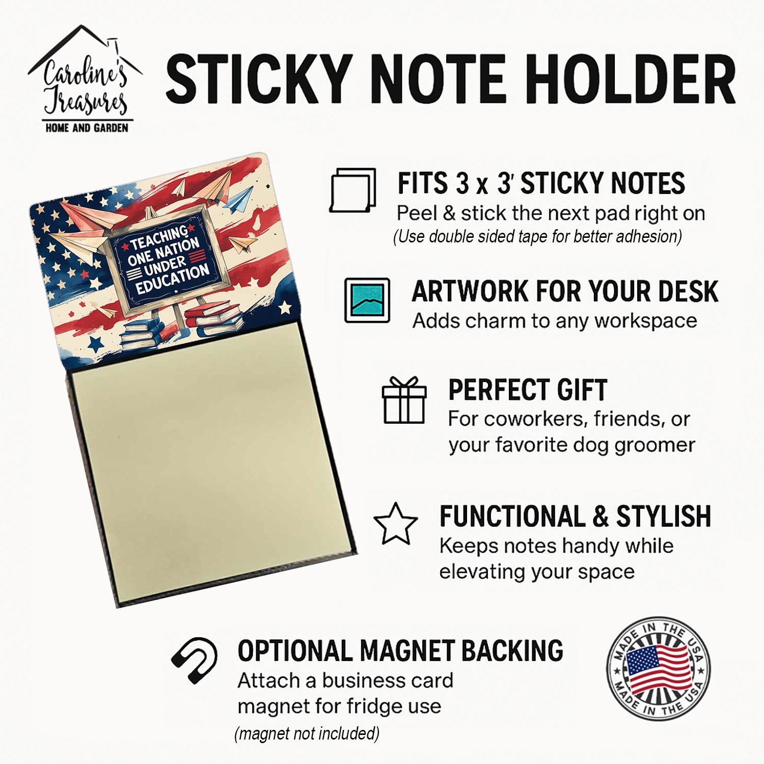Teaching One Nation Under Education Funny Sticky Note Holder for Teacher's Gift Refillable with 3x3 Notes