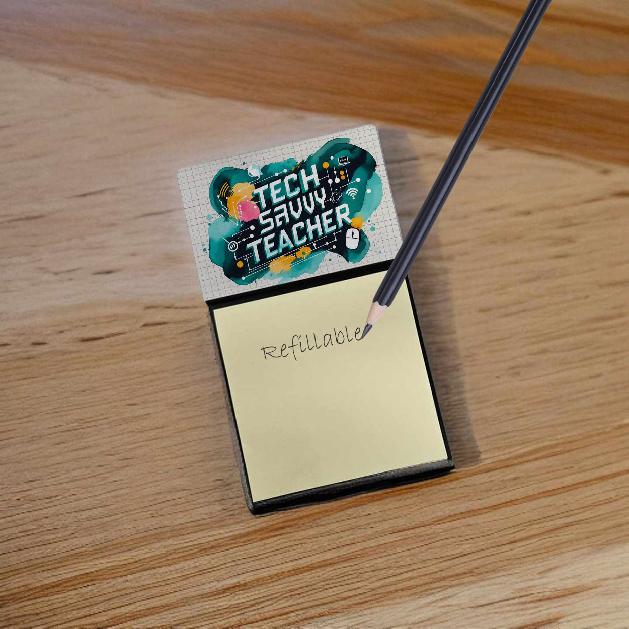 Tech Savvy Teacher Funny Sticky Note Holder for Teacher's Gift Refillable with 3x3 Notes