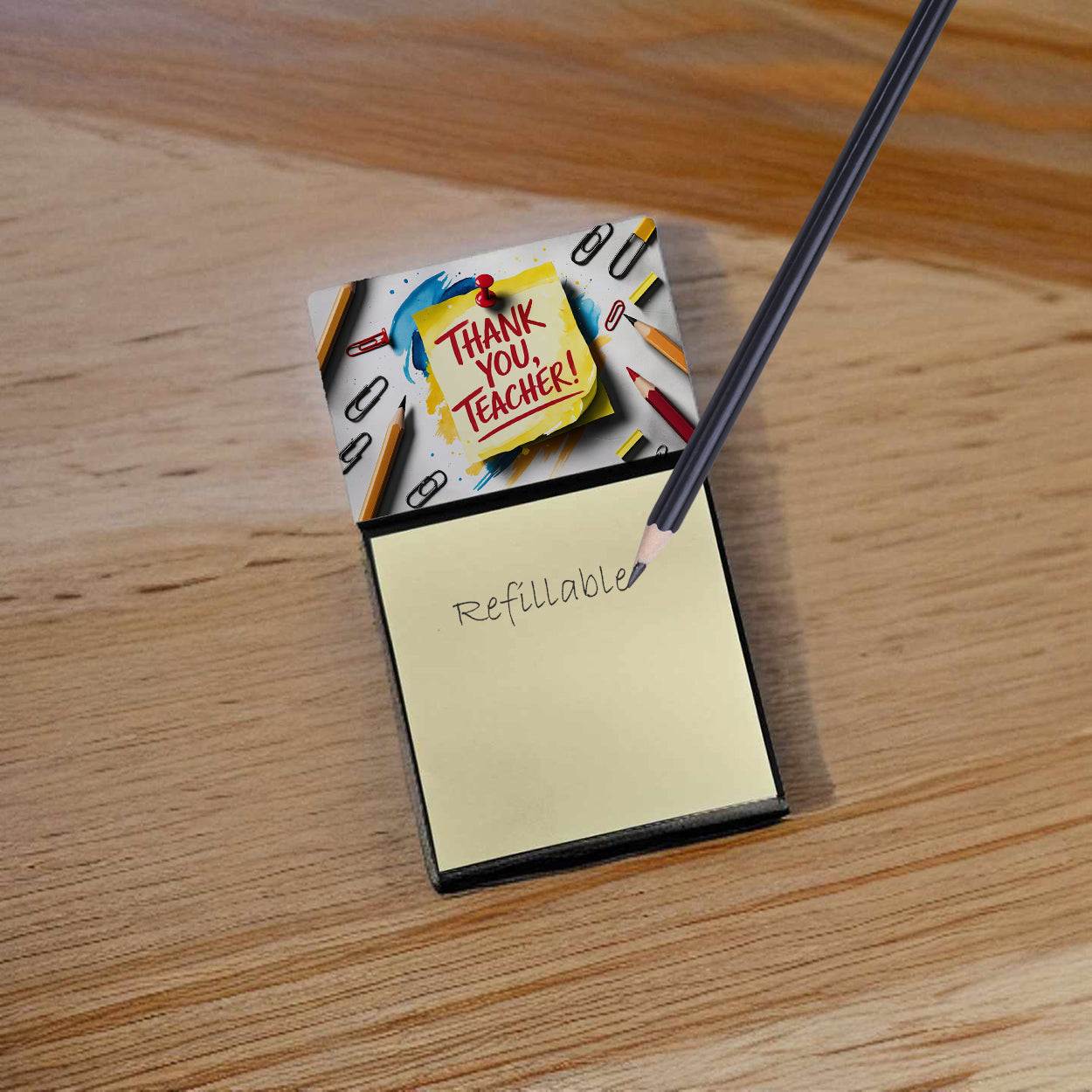 Thank You Teacher Again Funny Sticky Note Holder for Teacher's Gift Refillable with 3x3 Notes